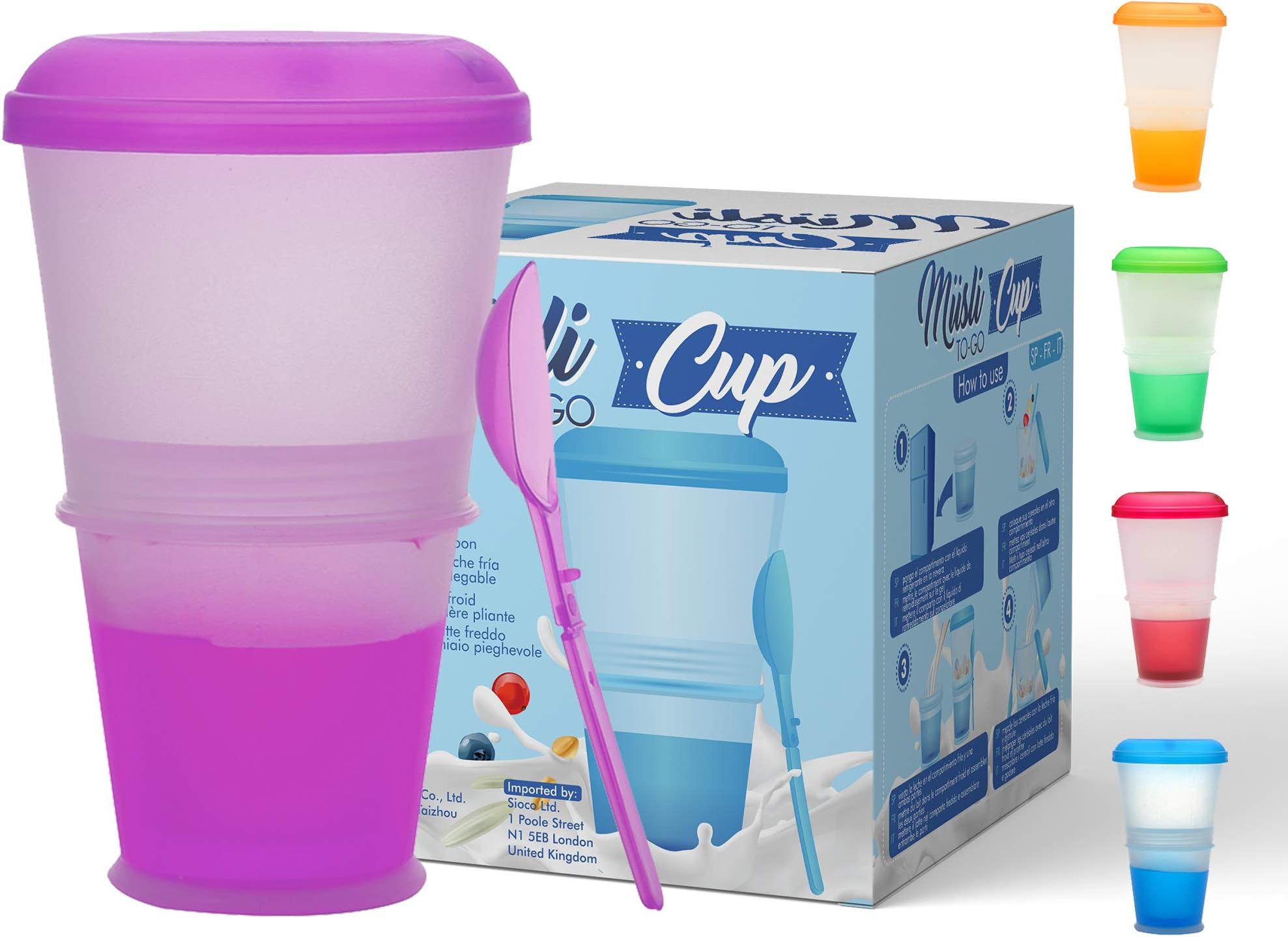 Casabasics Muesli To Go Cup | Container for Breakfast Cereals with Thermal Cooling Pot for Milk or Yoghurt | Folding Spoon Included. Colour: Purple