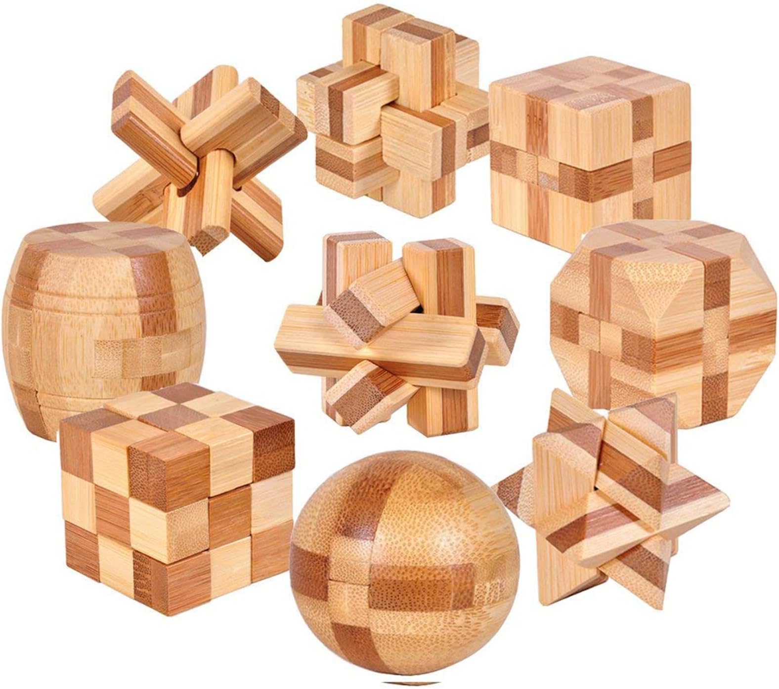 9pcs Wooden Blocks Brain Teaser Puzzles Set 3D Interlocking Wood Jigsaw Games - Ideal Mind Toys and Gift for Kids and Teens