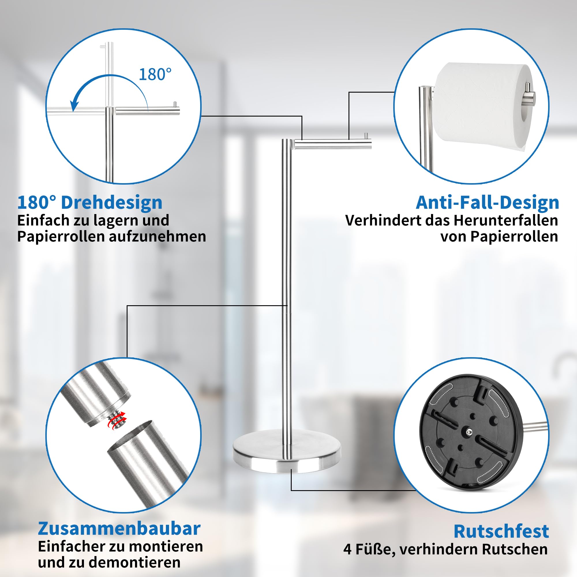 RFOUO Toilettenpapierhalter Stehend, Schwerer Sockel, Klopapier Aufbewahrung für Toilette, Klopapierhalter Ohne Bohren Edelstahl, Klorollenhalter, Gebürstetes Nickel
