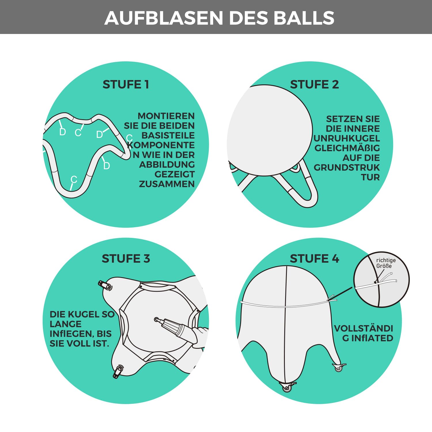 Ball de bureau avec revêtement et roulettes, ballon de siège de bureau, chaise de bureau ergonomique (gris Deepspace, hauteur d’assise 60-65 cm)