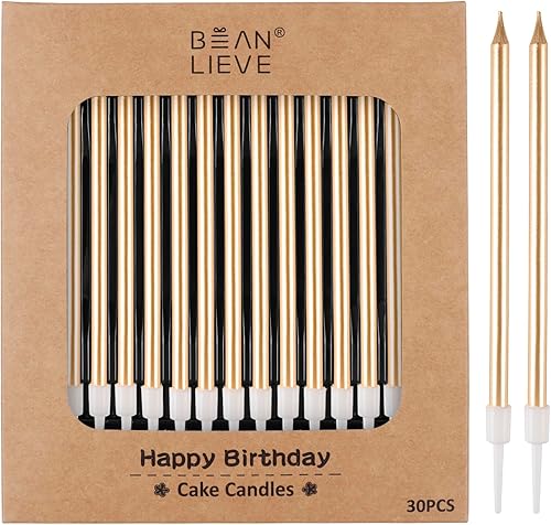 BEAN LIEVE 30 velas de cumpleaños metálicas largas y finas de color dorado champán, velas para pasteles, fiestas de cumpleaños, decoraciones de