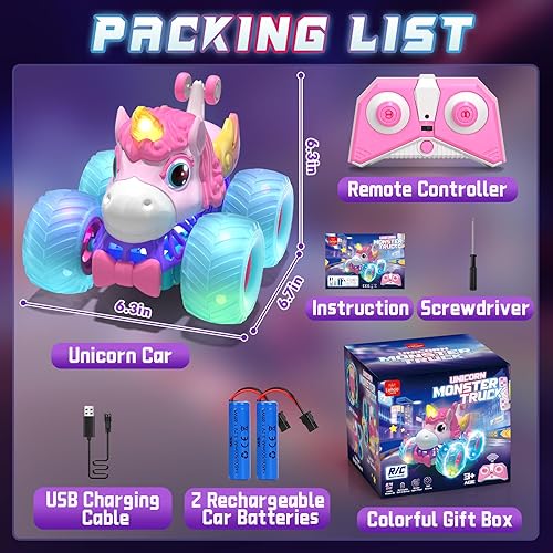 Miniatura 7 de Lehoo Castle Auto a control remoto para niñas con rotación de 360, camión monstruo unicornio con luz y música, 4WD todo terreno RC Stunt Car