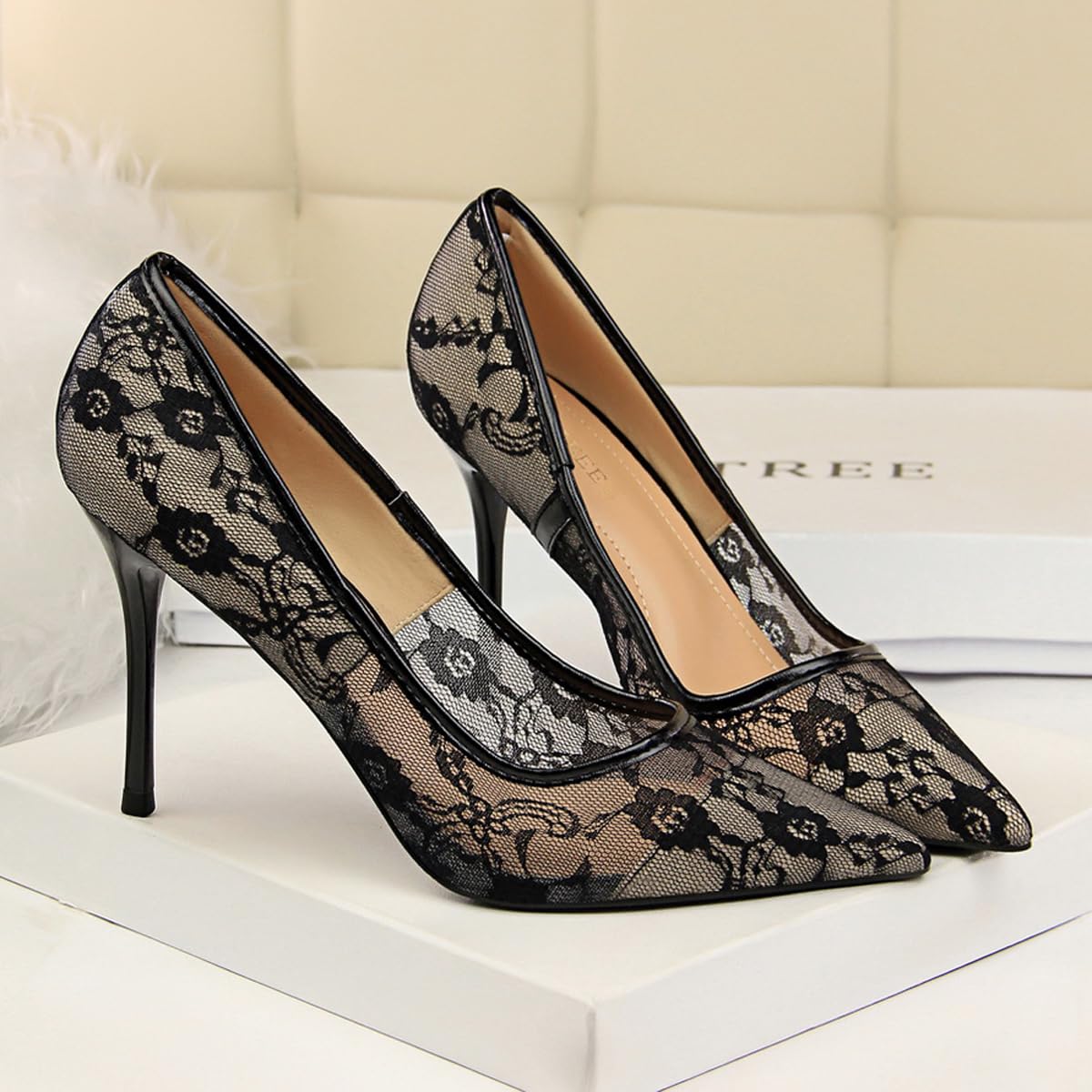 Tacchi Alti da Donna in Pizzo a Rete Sexy, décolleté da 4 Pollici Sandali con Punta Chiusa a Punta, Scarpe da Sposa con Slip on Porm Party