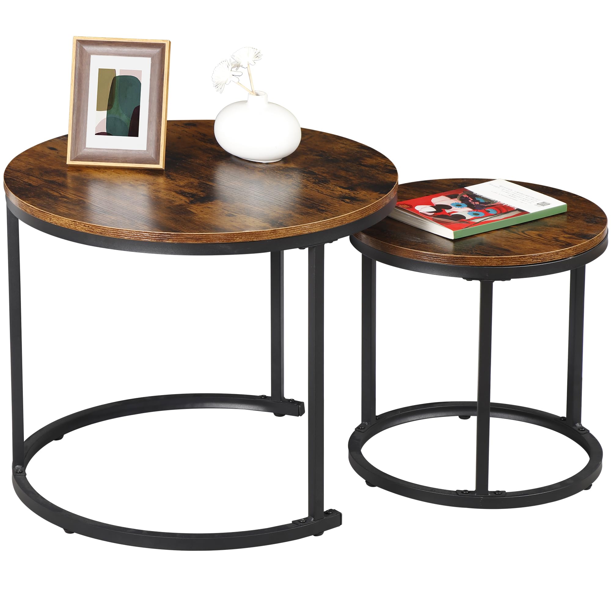 F2C Nesting Coffee Table Modern End Table Set of 2 for Living Room Balcony Office, Round Wood Accent Side Coffee Tables with Sturdy Metal Frame, Easy