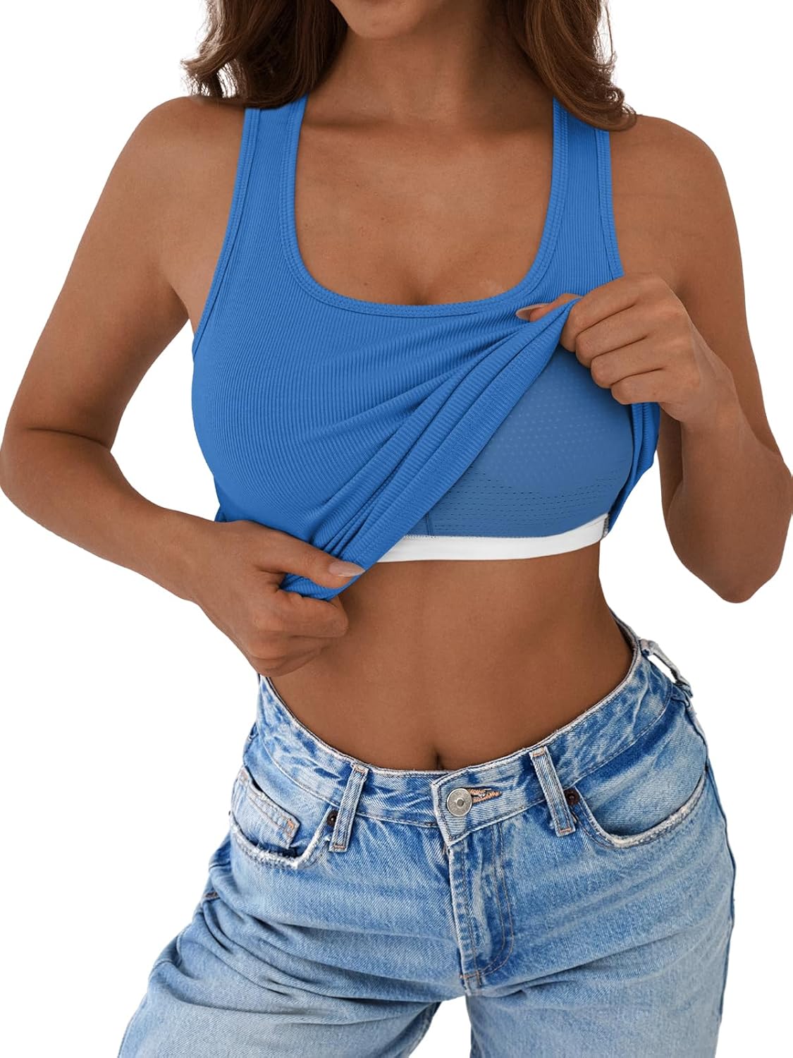 GKBK Women Built-in Bra Tank Tops Sleeveless Crewneck Rib Knit Shirts Slim Fit Basic Tee Tops XS-XXL