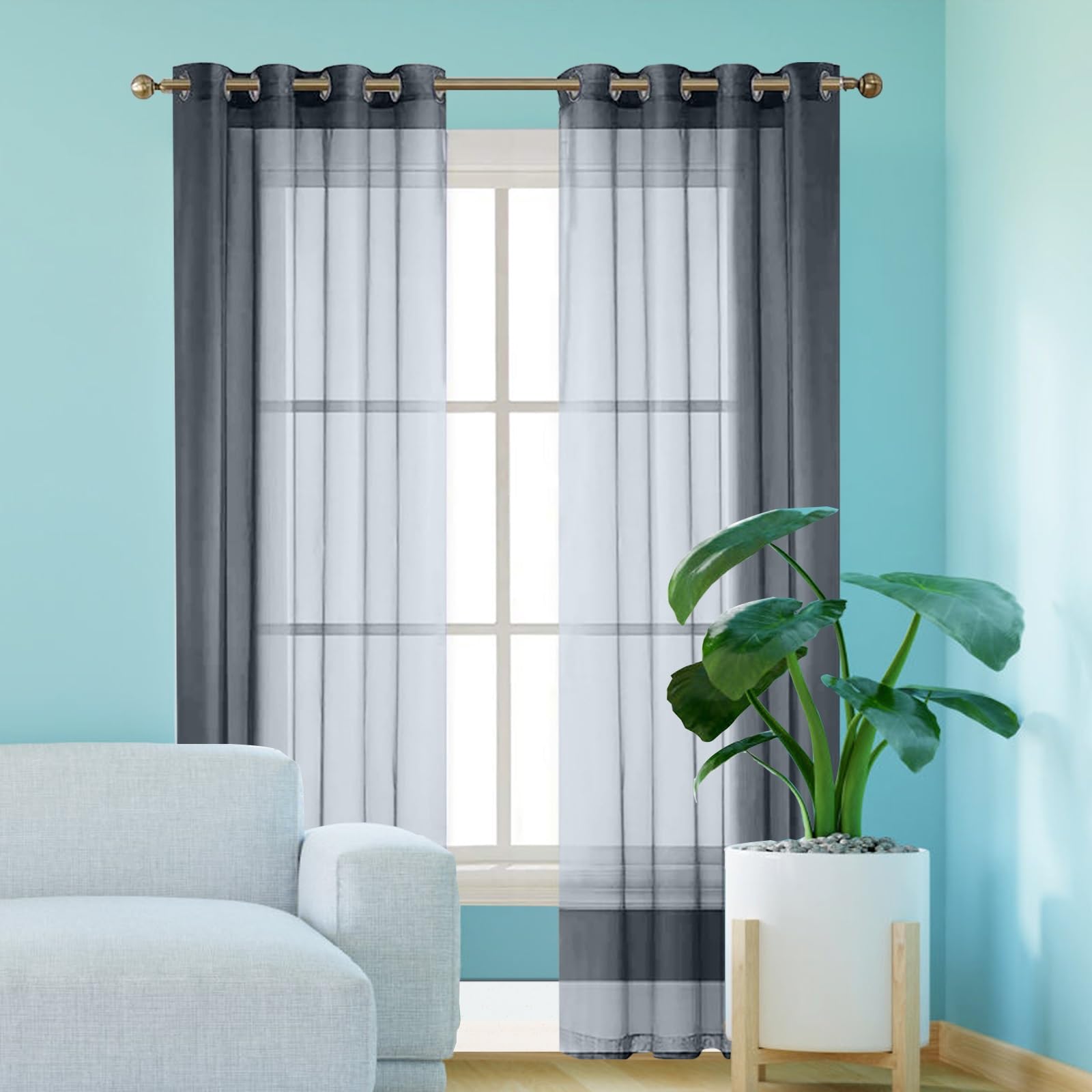 Visillos cortos de aspecto lino gris con aislamiento térmico y blackout