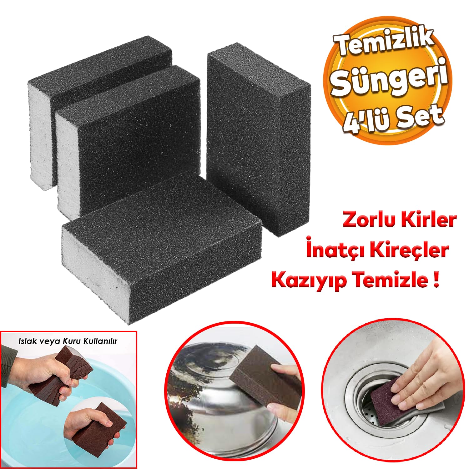 Badem10 Banyo Wc Lavabo Taşı Mutfak Evye Musluk Kireç Yağ Kir Kazıma Temizleme Islak Kuru Sünger 4'Lü SET