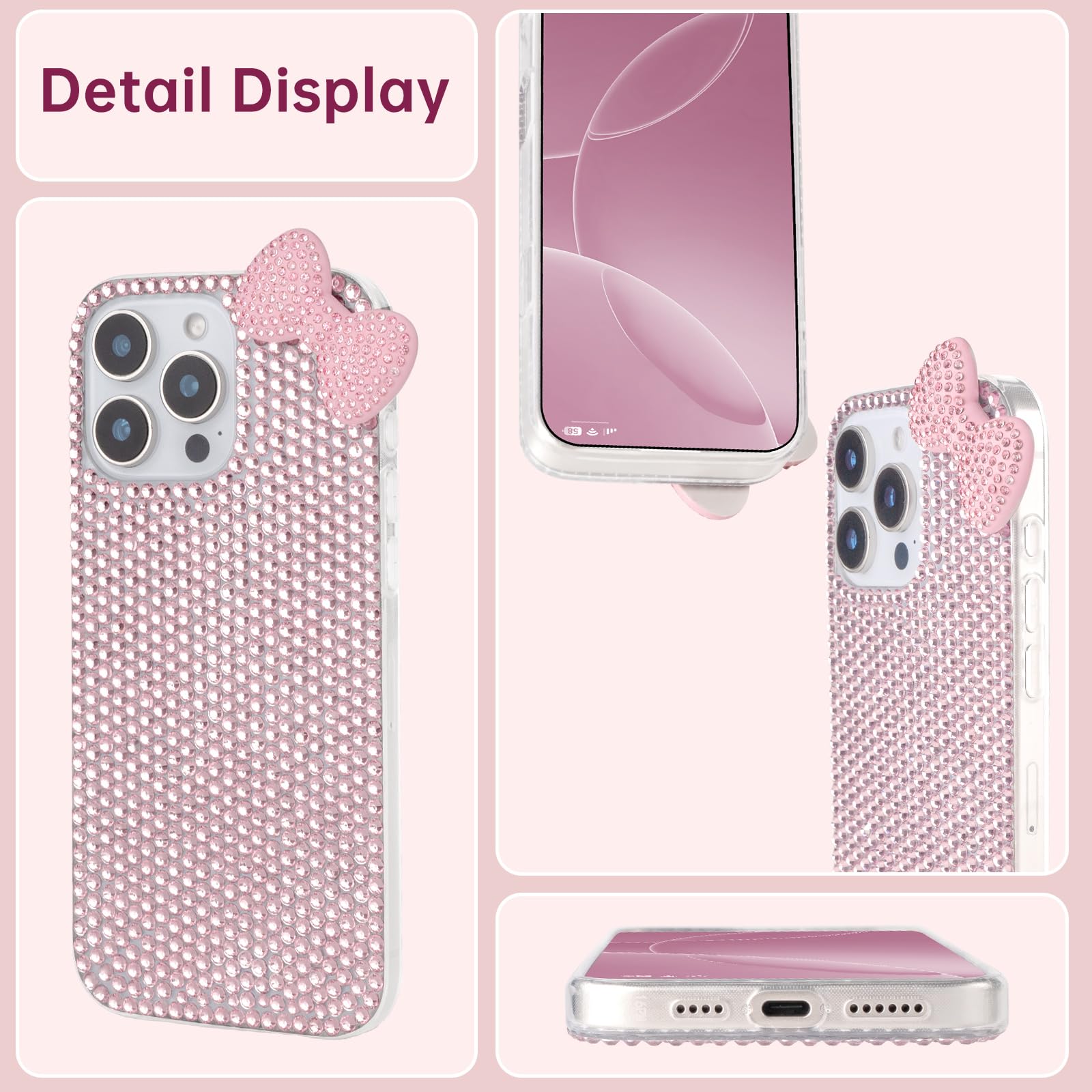 Niedliche Schutzhülle für iPhone 11, 15,4 cm (6,1 Zoll), mit HD-Displayschutzfolie, rosa Glitzer, Strass, Schleife, Handyhüllen, glitzernd, transparent, stoßfest, für Damen, Mädchen und Kinder