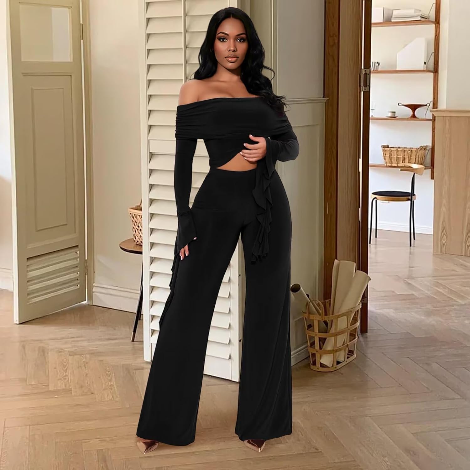 WXN Two Piece Sets for Women Off Shoulder Long Bell Sleeve Crop Top Pants Set Going Out Vacation Party Outfits - Image 2