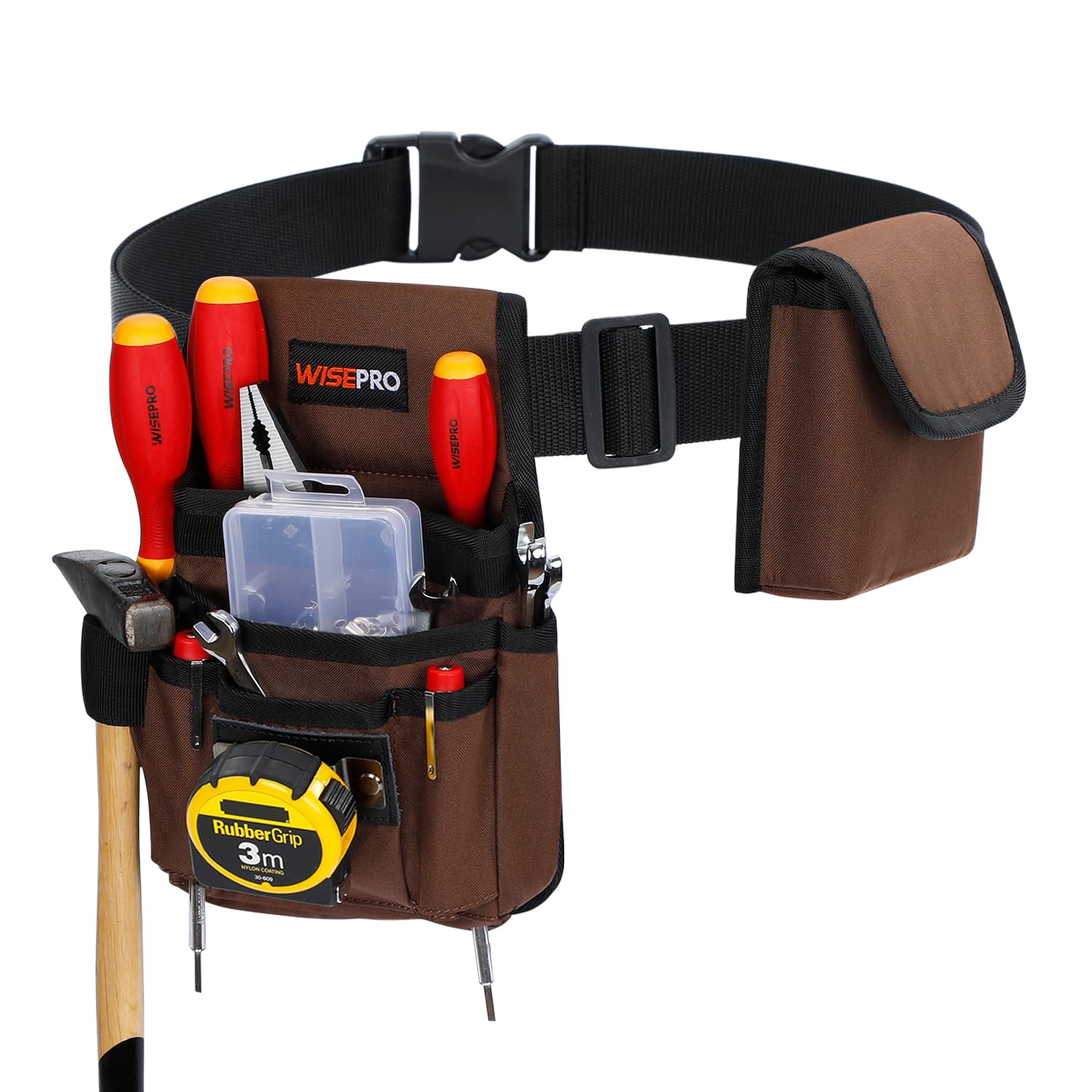WISEPRO Tool Belt Bag, Waist Tool Pouch Set with Adjustable Nylon Belt, Multi-Pocket Tool Pouches 20-Pockets Tool Belt for Electrician, Carpenters, Gardeners, and Builders (Brown)