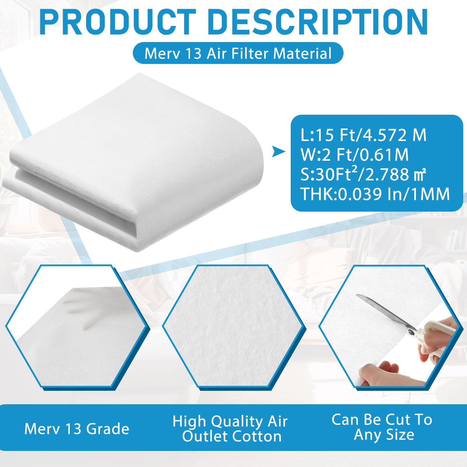 Pangda Merv 13 - Material del filtro de aire de 30 pies cuadrados, 2 x 15 pies, corte para adaptarse a medios de filtro transpirables para rejillas de ventilación de registro de verano, ventilador de