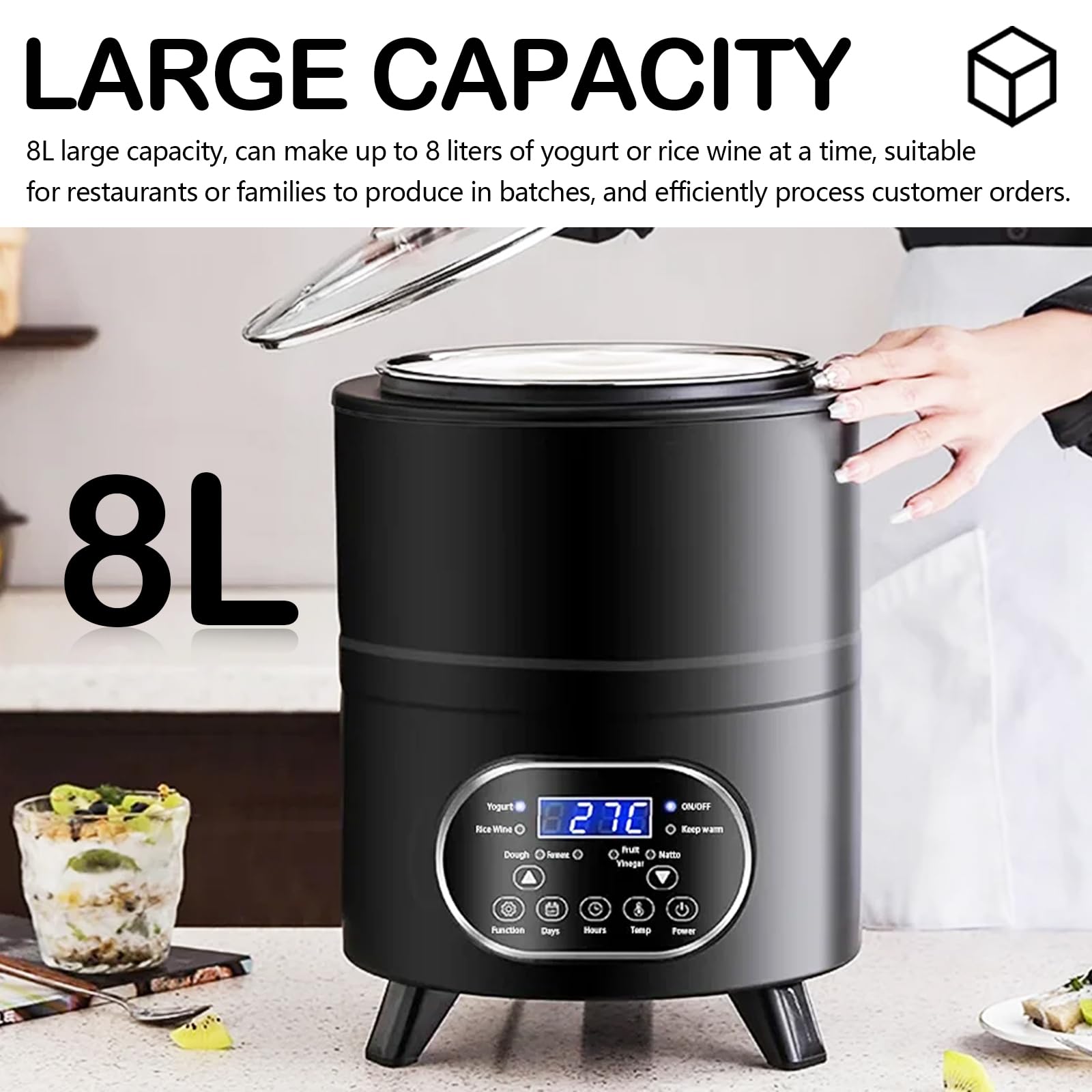 Aisny Yogurtera, Multifuncional Máquina de Yogur de 8 litros con Gran Capacidad y Pantalla de Tiempo Yogurt Maker para la Producción de Yogur en Grandes Cantidades