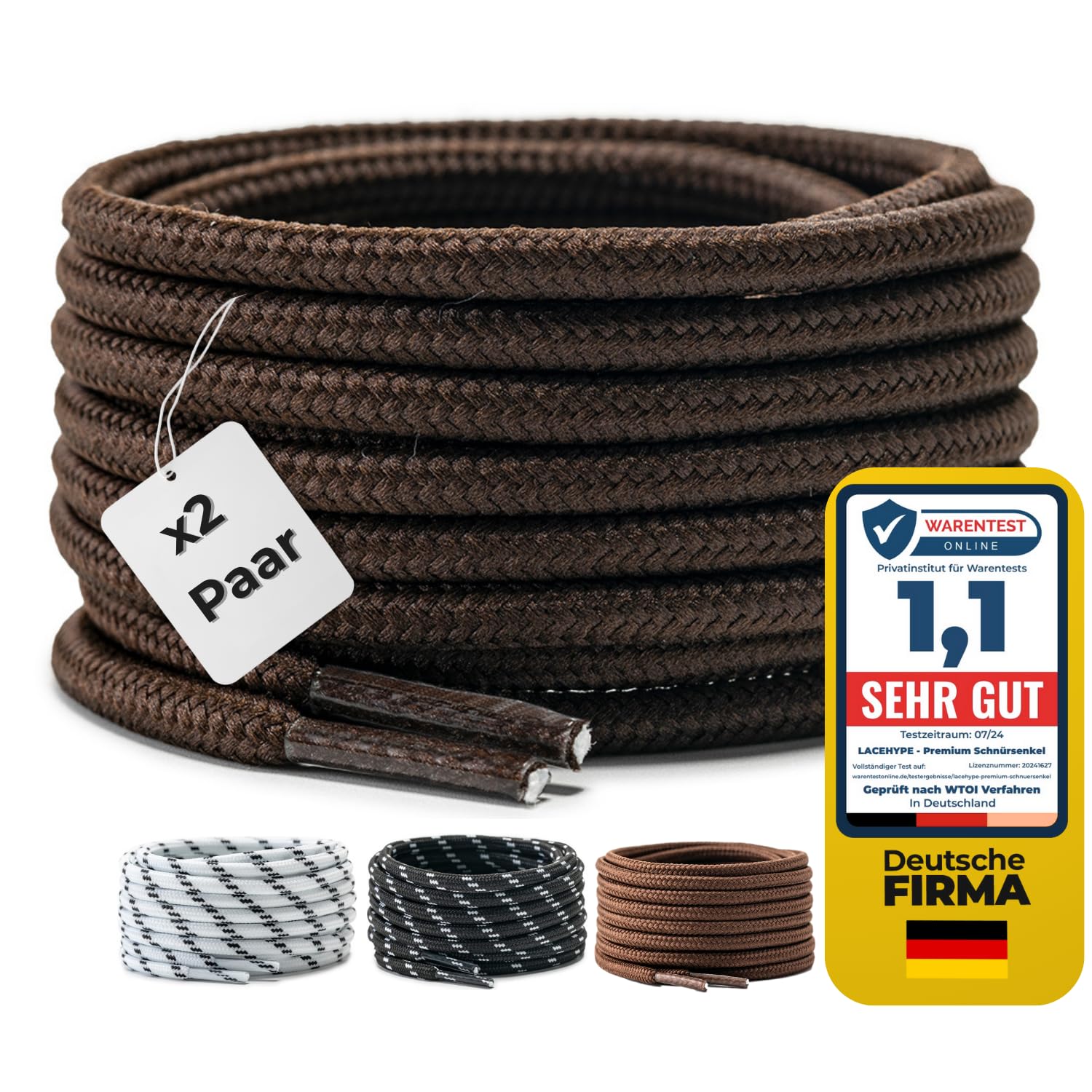 LaceHype 2 Paar - Premium Runde Schnürsenkel [ Ø4,5 mm ] Polyester für Arbeitsschuhe, Stiefel, Outdoorschuhe und Sportschuhe reißfeste Schuhbänder (Dunkelbraun, 110cm)