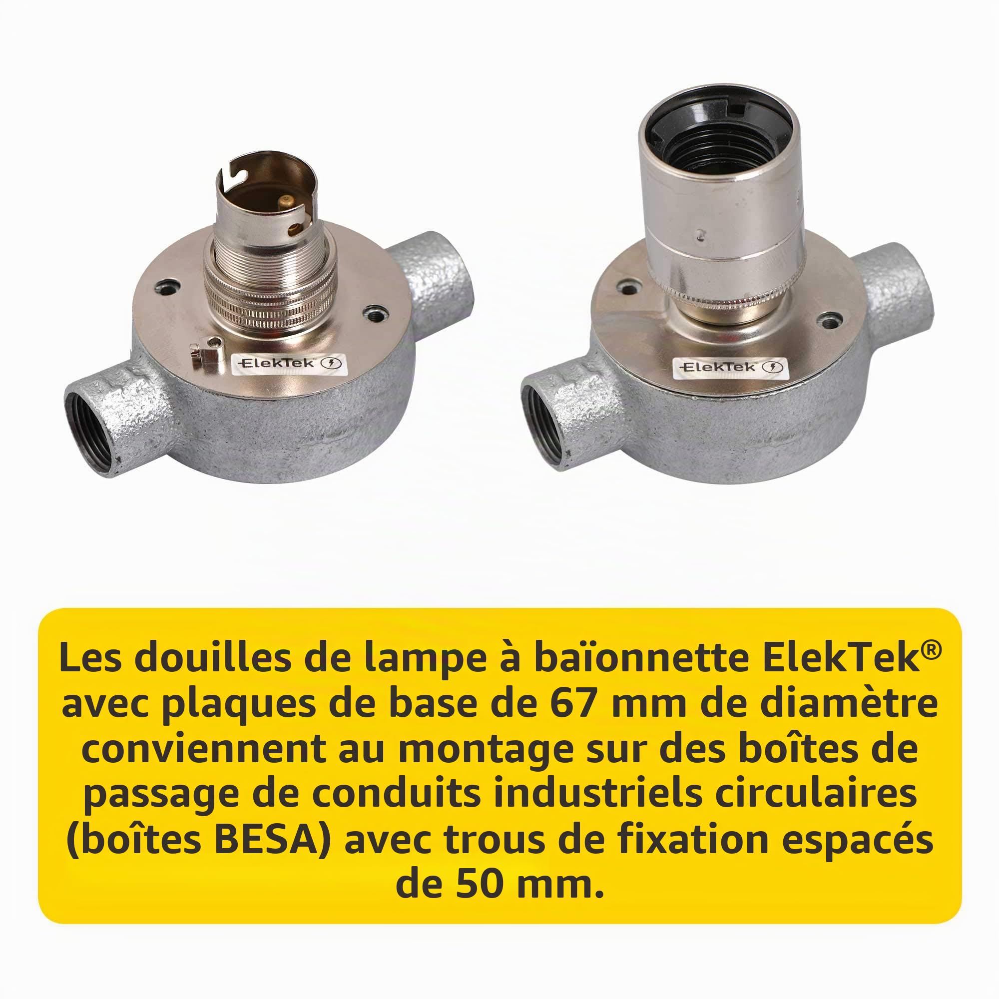 ElekTek Support d'ampoule en nickel E27 avec anneau d'abat-jour ES Edison à vis – Base plate pour boîtier de conduit BESA 50 mm fixations centrales – Fabriqué au Royaume-Uni