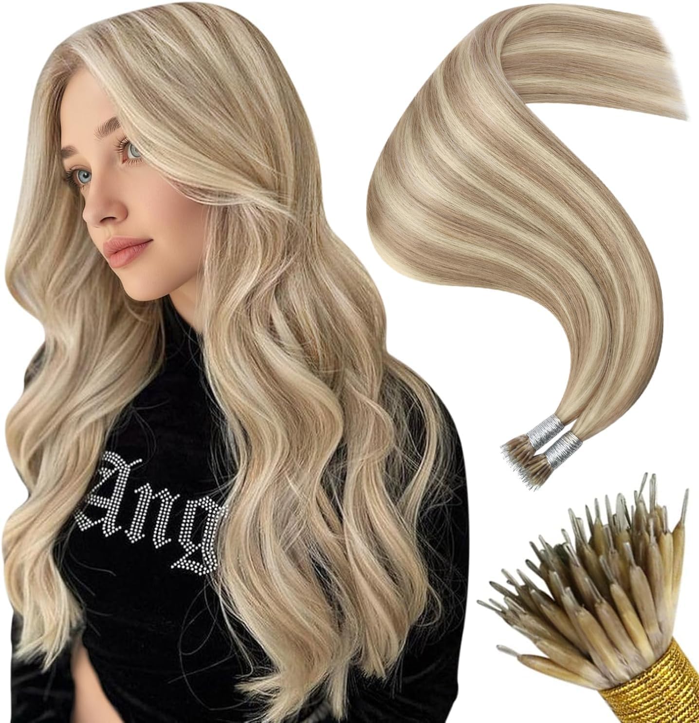 Moresoo Nano Hair Extensions Real Human Hair 16 Inch 50g/Pack Ash Blonde Highlight Nano Beads Hair Extensions Human Hair 1g/s Remy Straight Hair #P18/613 — view 54