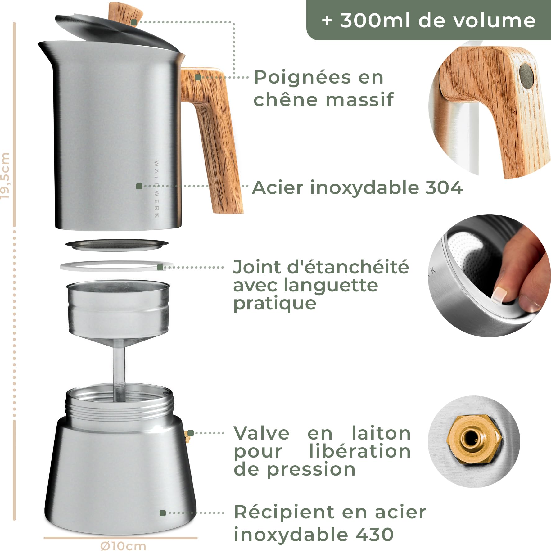 WALDWERK Cafetière Italienne (300ml) - Induction Compatible - Inox Avec Poignée en Chêne Véritable - Moka Pour Tous Types de Plaques