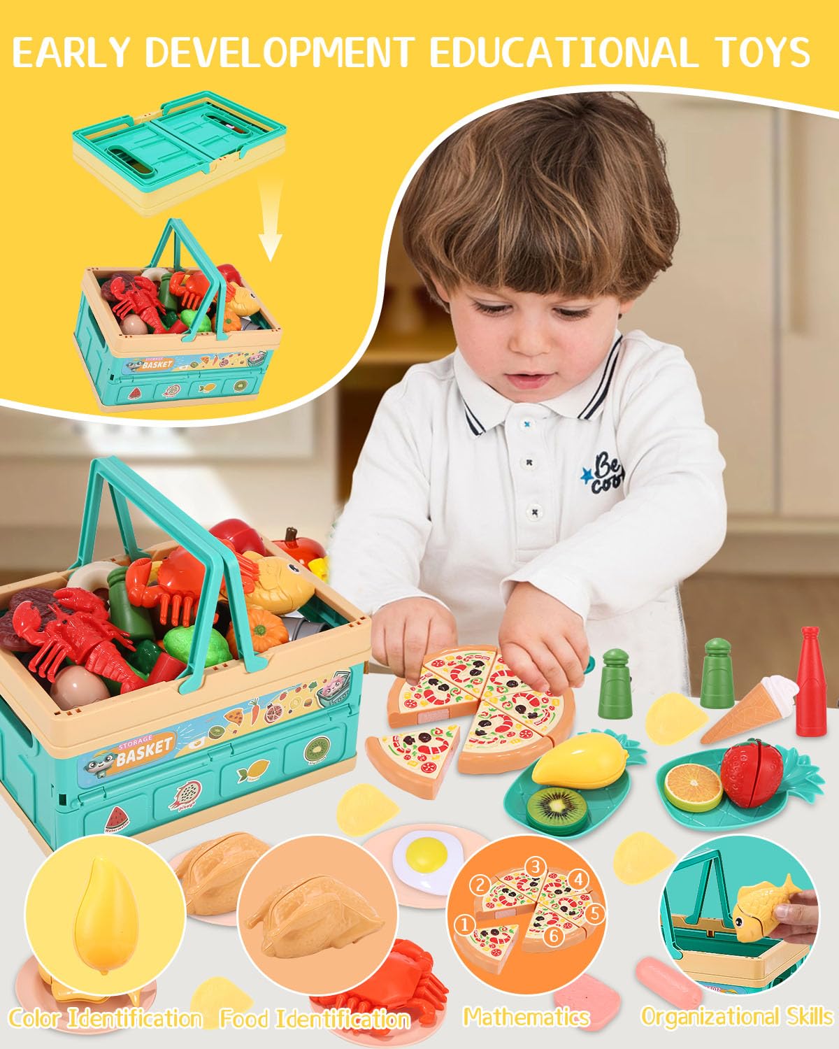 Accessoire Cuisine Enfant Ensemble Dinette Enfant Ustensile Fruits et Légumes Jouet à Couper de Jouet imitant Jeu de Role Chef Kit Cuisine Enfant avec Nourriture Jouet Couteau
