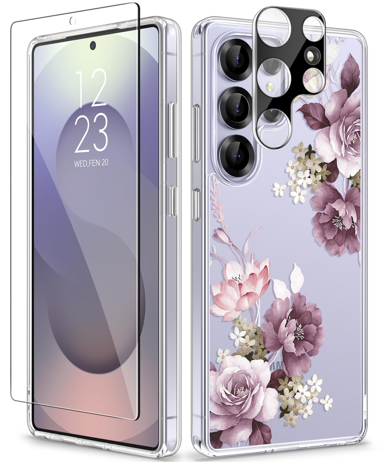 GVIEWIN for Samsung Galaxy S25 Ultra Case, [Screen & Camera Lens Protector][Non Yellowing] Floral Clear Slim Shockproof Protective Women Phone Cover for S25 Ultra 2025 6.9"(Cherry Blossoms/Purple)