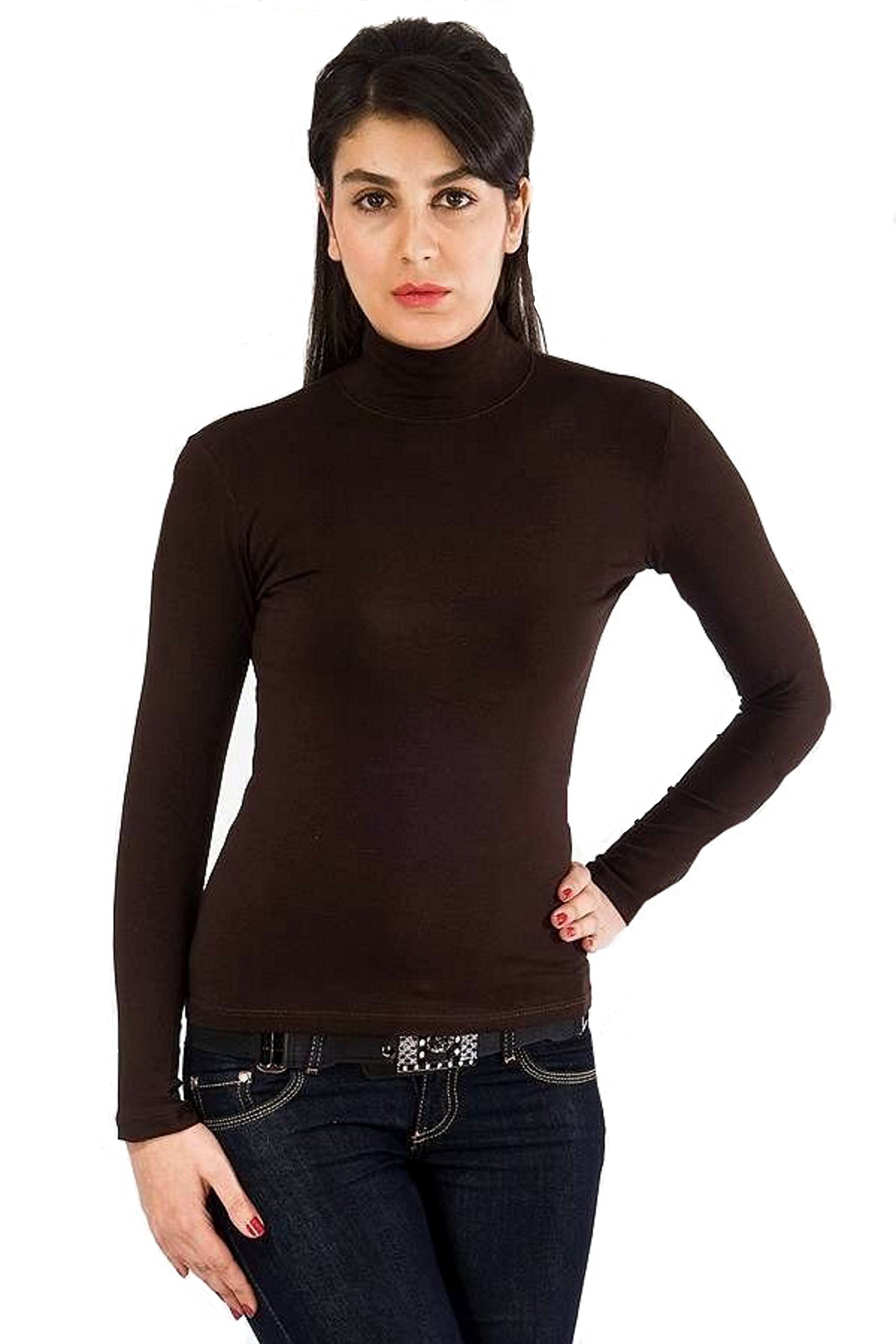 New Women's Stretchy ROLL-Neck Long-Sleeve Cotton Plain Tops (Medium - UK12 (40), Brown)