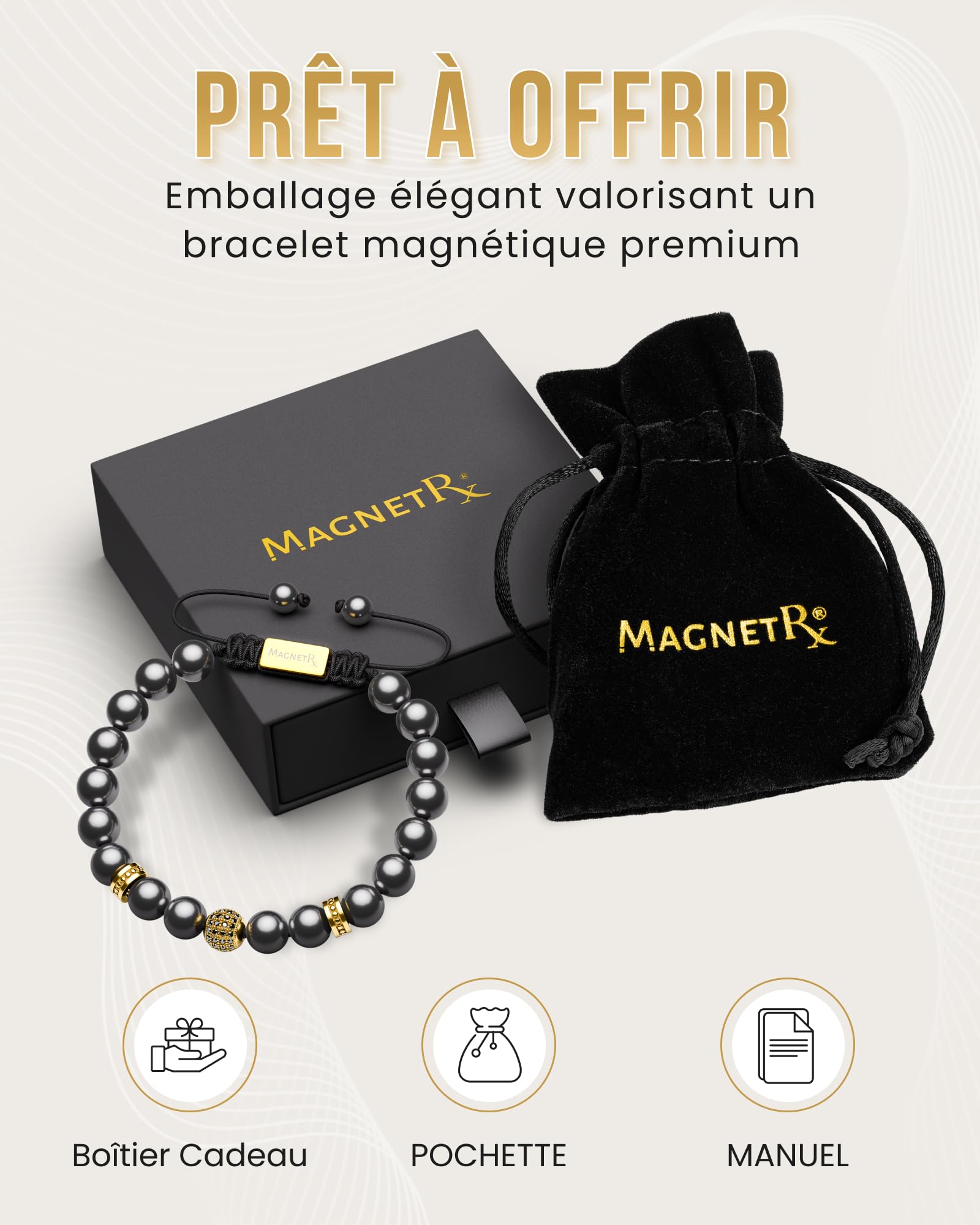 MagnetRX® Bracelet En Hématite Perlé Unisexe - Bijou Aimanté En Pierres Naturelles Hematite 8mm Méditation - Longueur Réglable (Perle Zeus dorée de 8 mm)