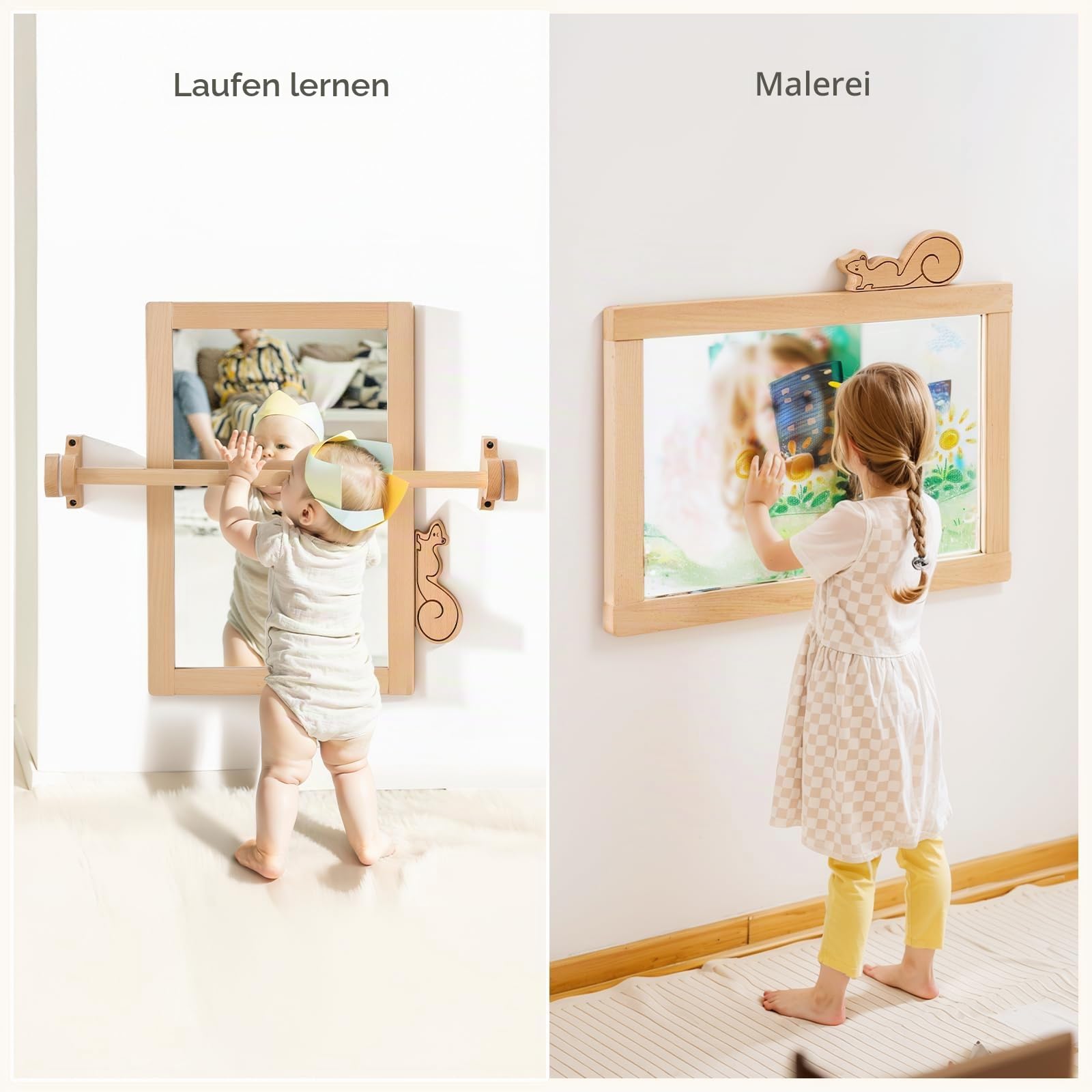 HI Baby MONMENT Montessori-Spiegel mit Stange, Abnehmbarer Holzrahmen, Anti-Chip, Wandmontage, Kinderspiegel