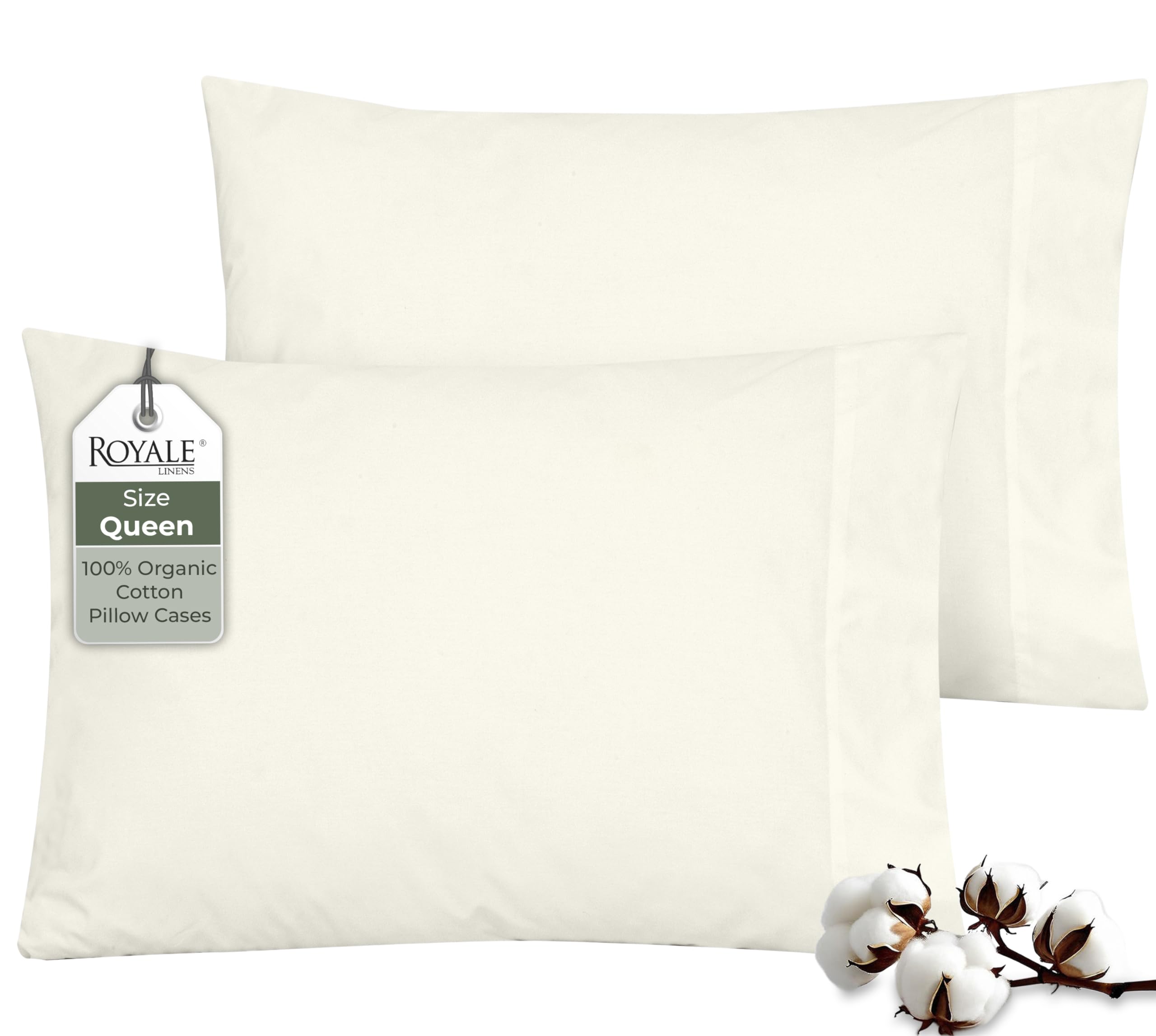 ROYALE LINENS 100% Organic Cotton Percale Pillowcases Set of 2 - Queen Size Percale Pillowcase - Queen Set of 2 Pillow Cover - Breathable, Cool &amp; Crisp Ivory Pillow Cases (20"x30", Ivory)