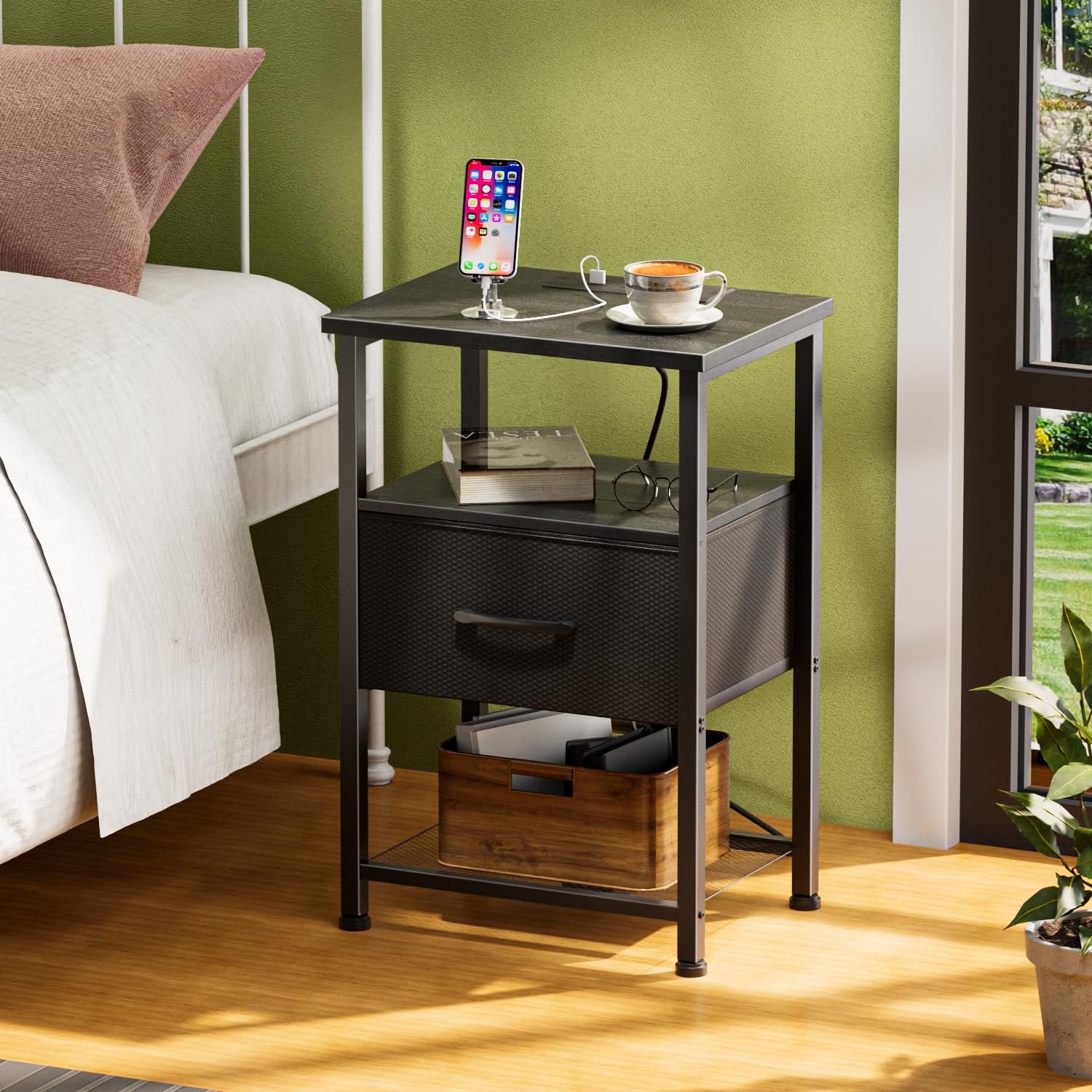 LAKEMID Nightstand with Charging Station and Drawer, End Table Bedside Table with 20 Colors LED Light Strip and 2 Layers Shelf for Bedroom Living Room Sofa Couch, Black