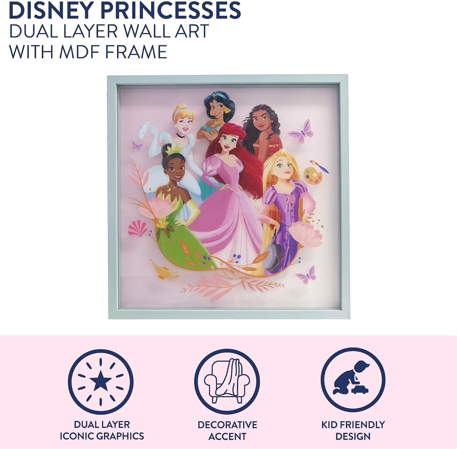 Idea Nuova Disney Princess Childrens Dual Layer Wall Hanging Art Décor,MDF Frame, 16"x16"