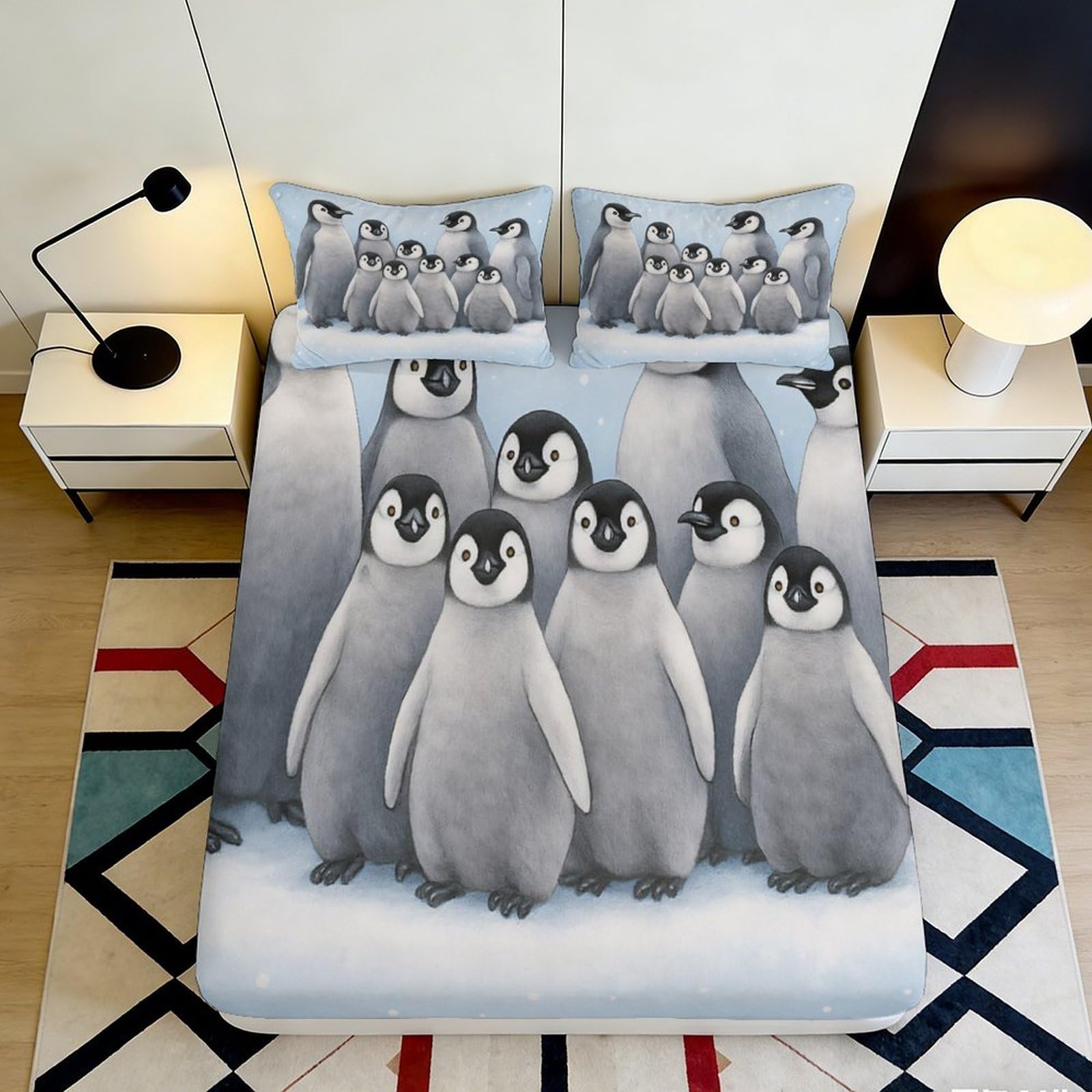 3D Printed Cute Penguin Fitted Sheet Microfiber Soft Breathable Snowy Ice Mattress Cover for Bedroom Dorm Mattress Protection Decor 160x200x25cm