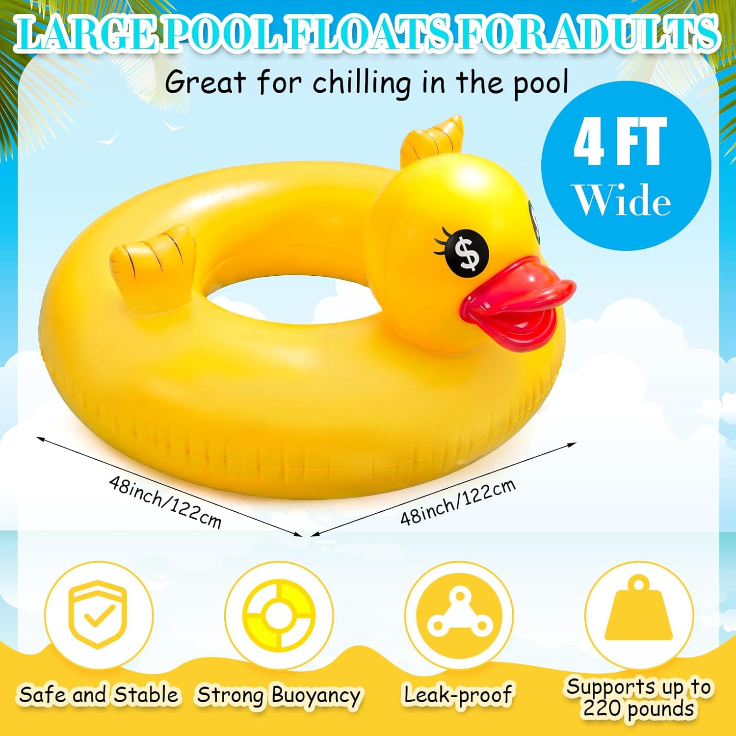 ShinyRelief 48 Inch Jumbo Duck Pool Float for Adults, Funny Duck Floats Inflatable Tube with Dollar Sign Eyes, Durable Thickened PVC Blow up Floatie for Summer Beach, Pool Party & Vacation (Yellow)