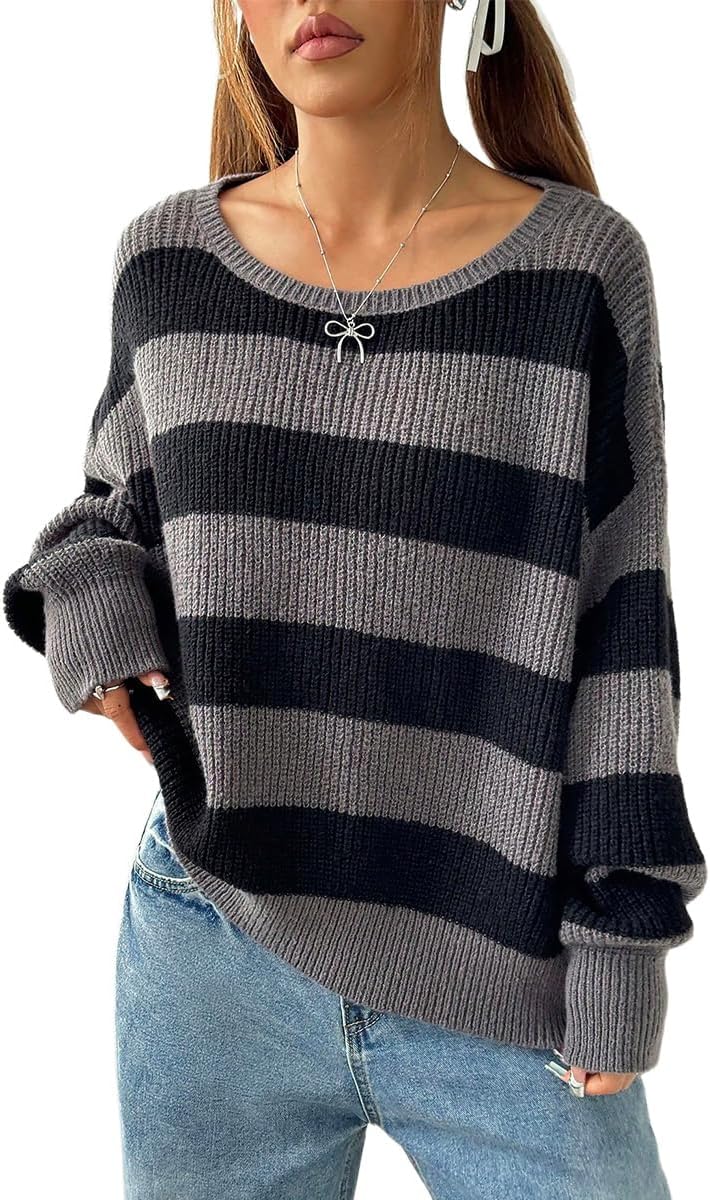 SKAYS Women's Colorblock Striped Sweater Loose Drop Shoulder Long Sleeve Casual Pullover