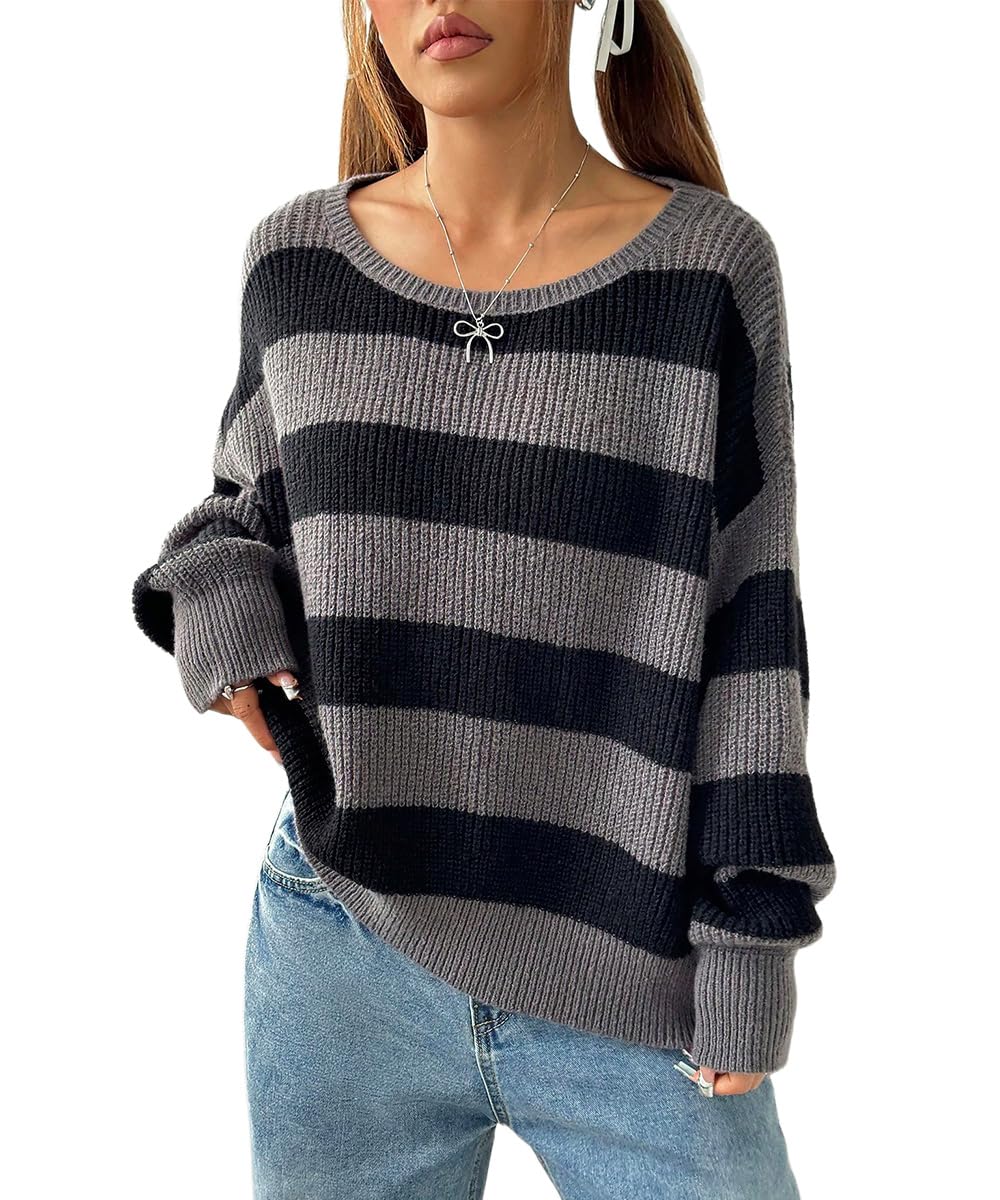 SKAYS Womens Colorblock Striped Sweater Loose Drop Shoulder Long Sleeve Casual Pullover