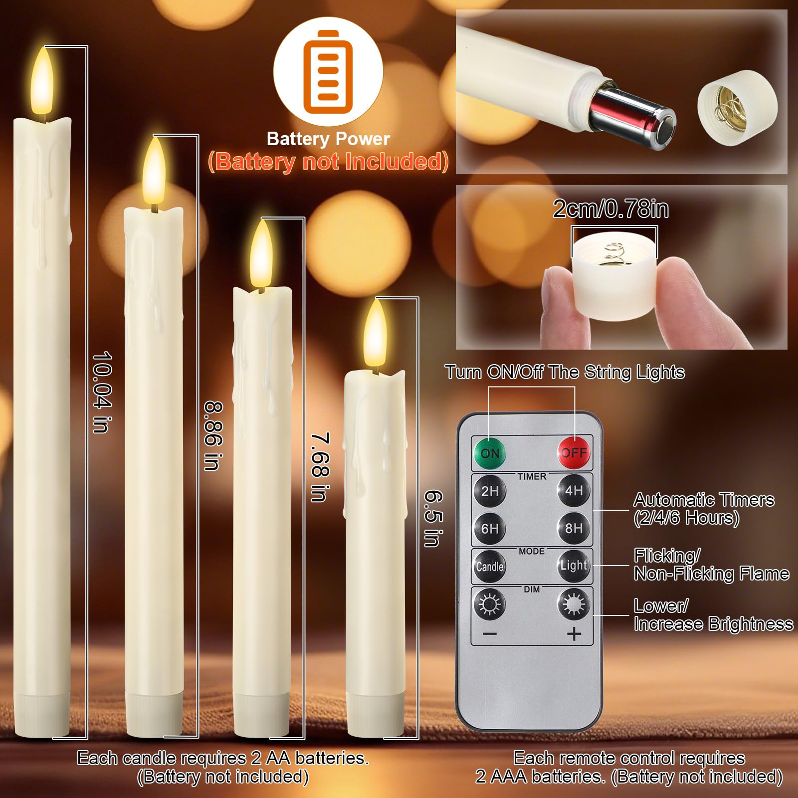 Retisee 12 velas cónicas sin llama con temporizador remoto de 6.5 pulgadas, 7.7 pulgadas, 8.9 pulgadas, 10 pulgadas, LED cónico, funciona con pilas, velas parpadeantes para cena de boda de Navidad