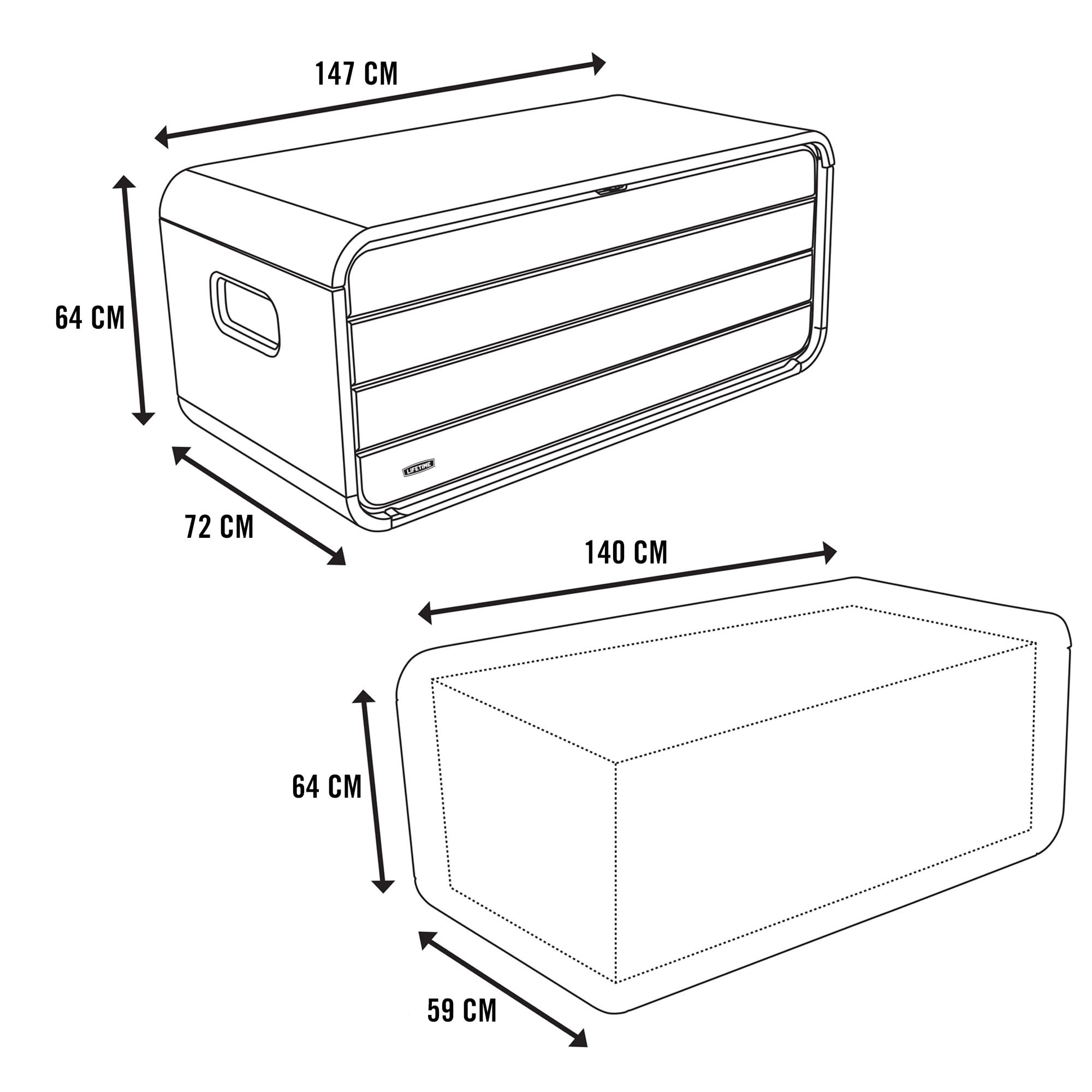 LIFETIME - Armario exterior impermeable, 147x72x64 cm, 515 litros, Arcón almacenamiento rectangular, Protección UV, Banco almacenaje, Baúl juguetes grande, Mueble terraza, Armarios de jardín (92313)