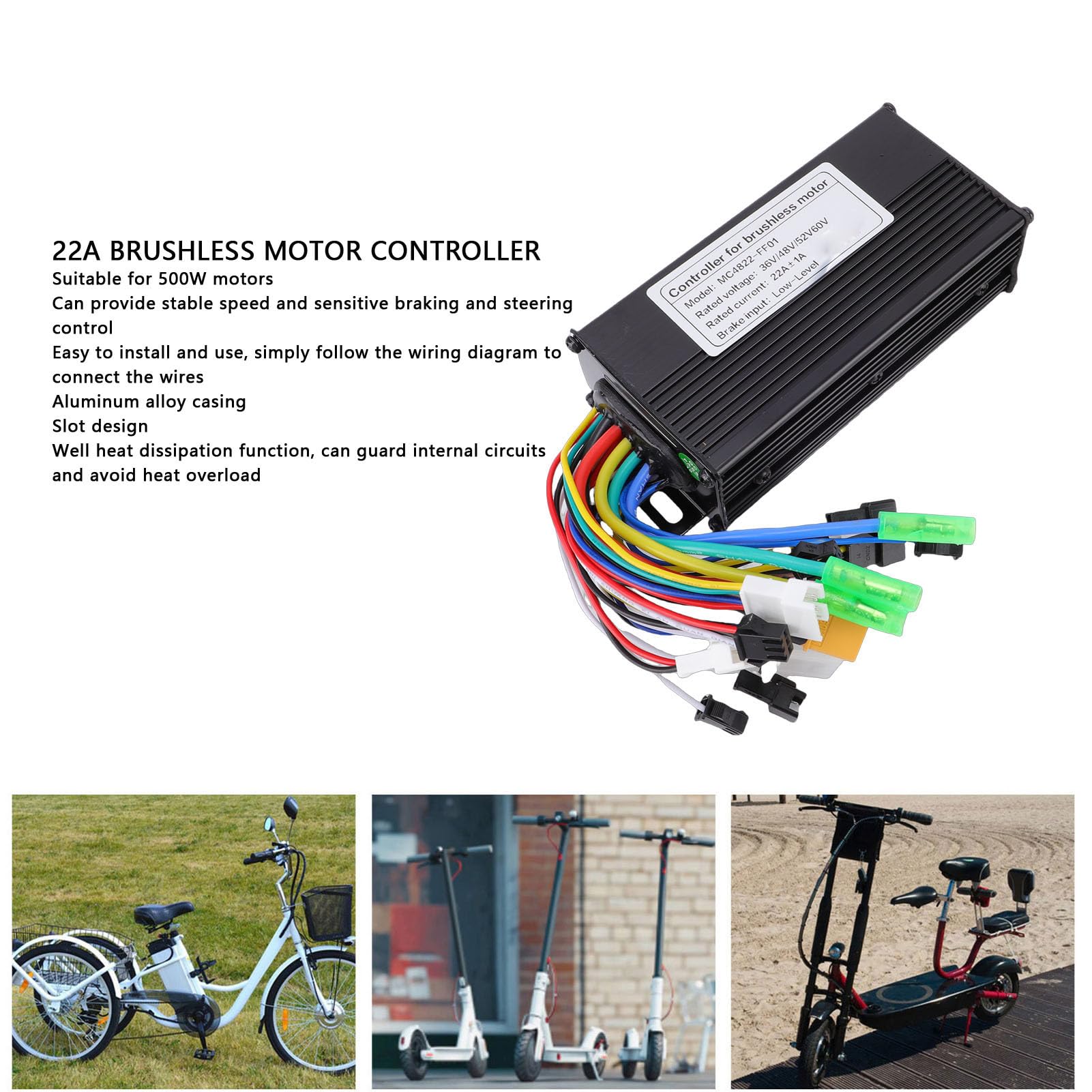 Luocute Contrôleur de Moteur sans Balais pour Vélo électrique, 22 A, 24 V, 36 V, 48 V, 3 Modes, Contrôleur de Moteur sans Balais avec Ligne Lumineuse, Accessoires de Scooter pour Moteur