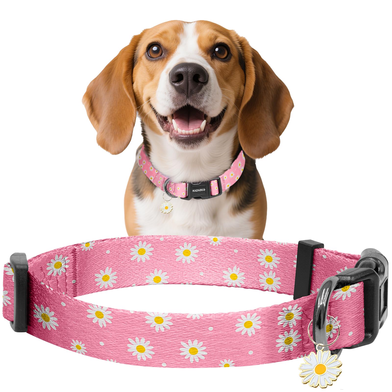 Kazazoo Dog Collar Cute and Soft Nylon Puppy Collar Girl Dogs, Adjustable Dog Collars for Medium Dogs, Pink Daisy-M
