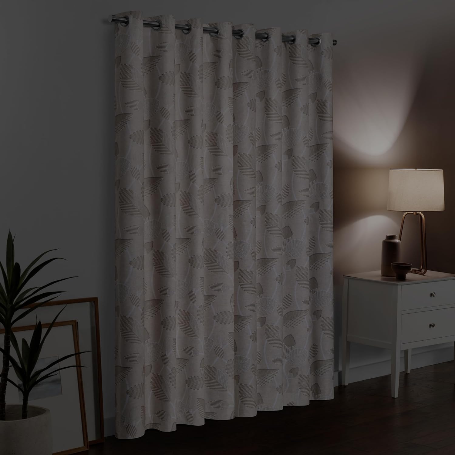 Linen Blackout Grommet Curtain Panel with Leaf Print, 63" x 50"