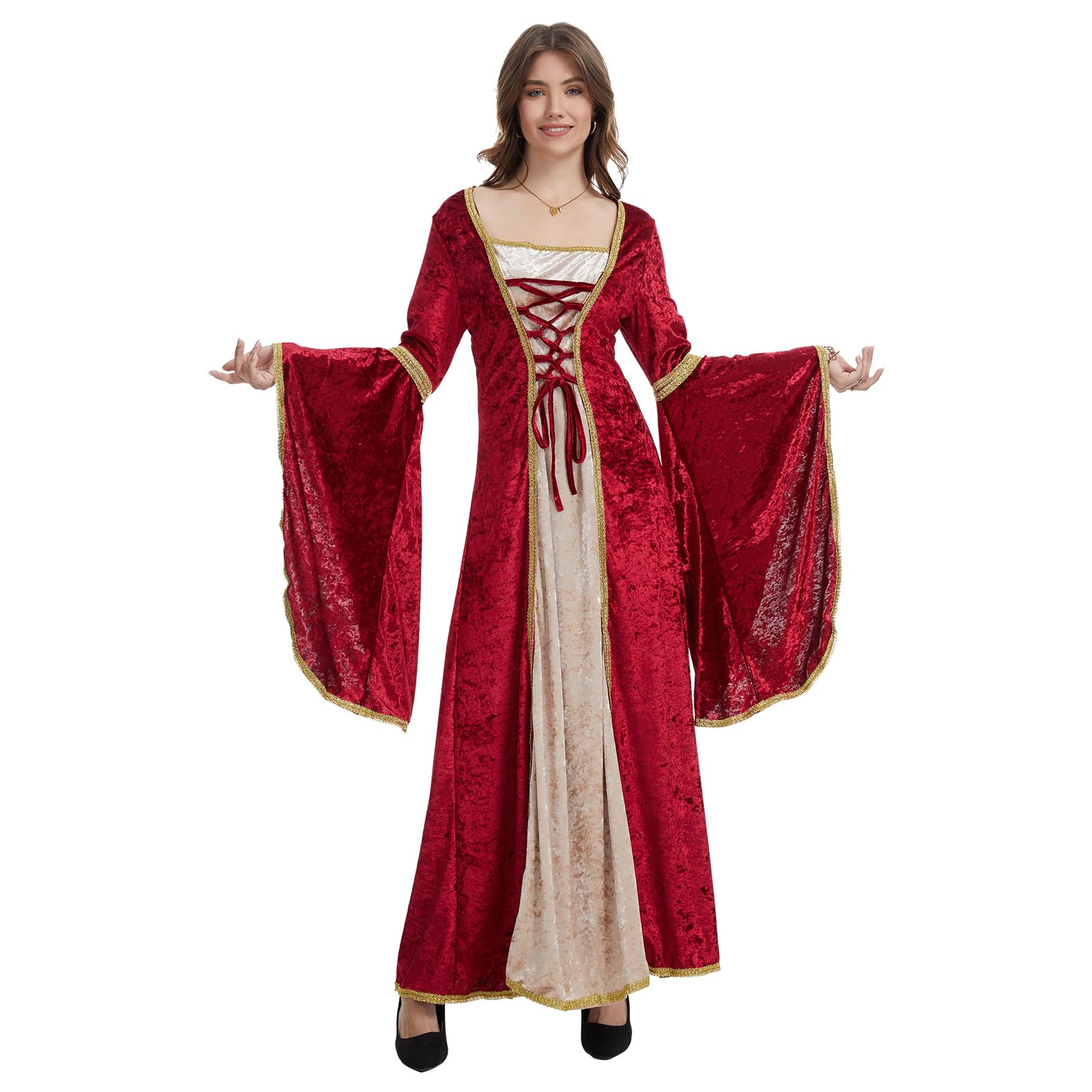 rumnigh Renaissance Women Velvet Dresses Medieval Retro Victorian Gothic Dress for Halloween Carnival Party (Red, XL)