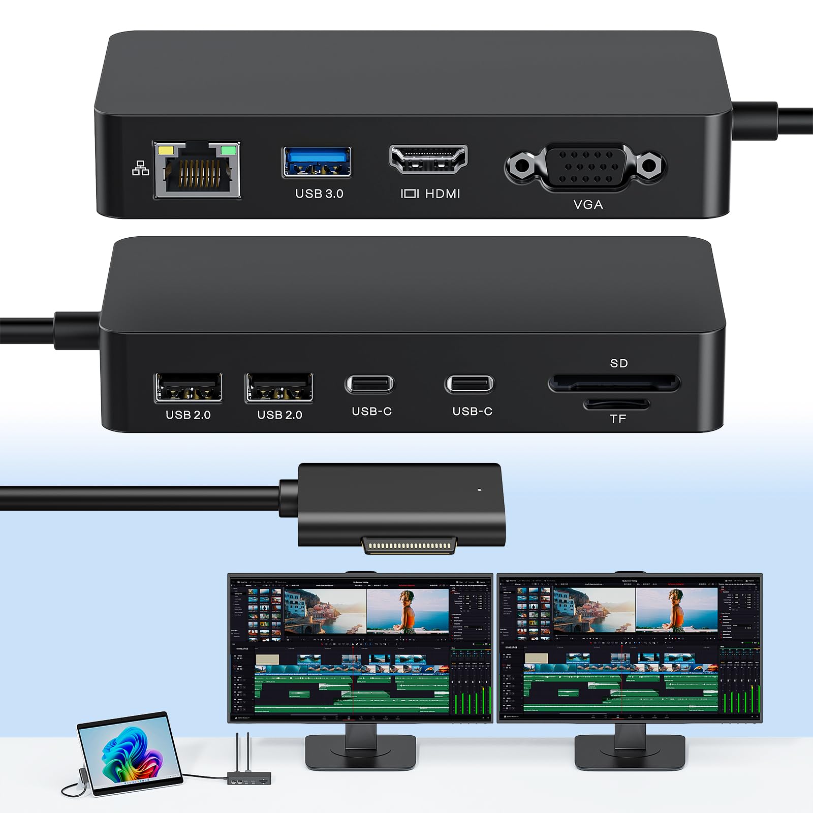 Station d'accueil Surface multiport HDMI Ethernet SD compatible avec Laptop Go et tablettes - 8