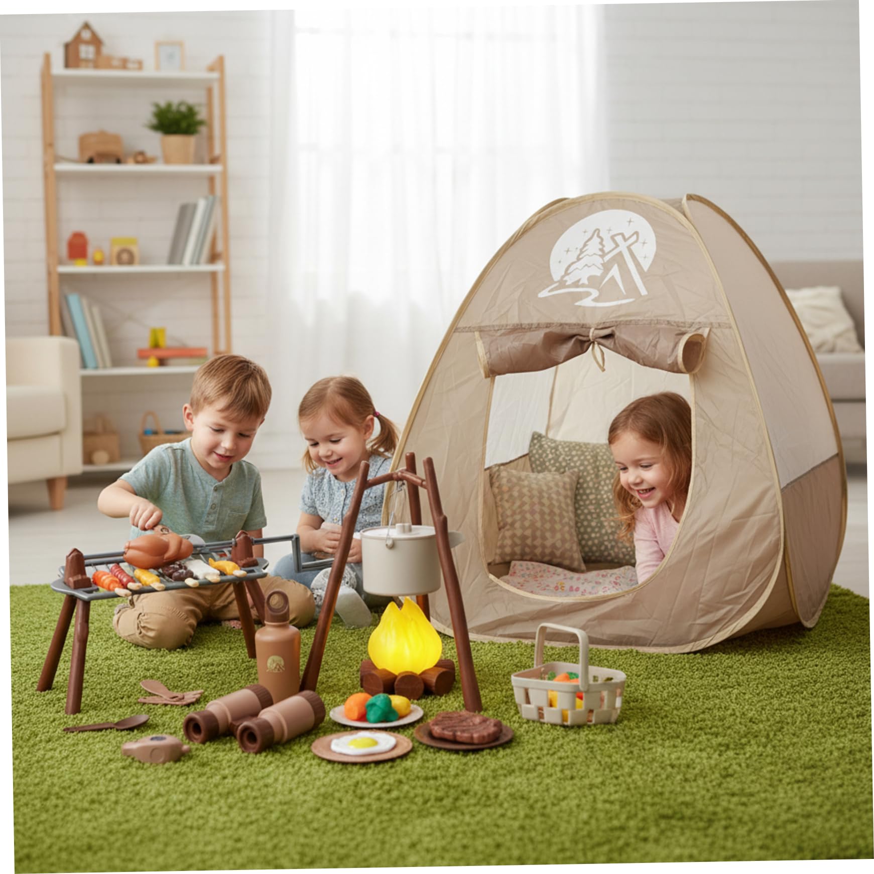 Juego de camping para niños con tienda de campaña, barbacoa giratoria y fogata iluminada, 34 piezas de juguetes para juegos de rol imaginativos, juguetes para niños de interior y exterior a partir de