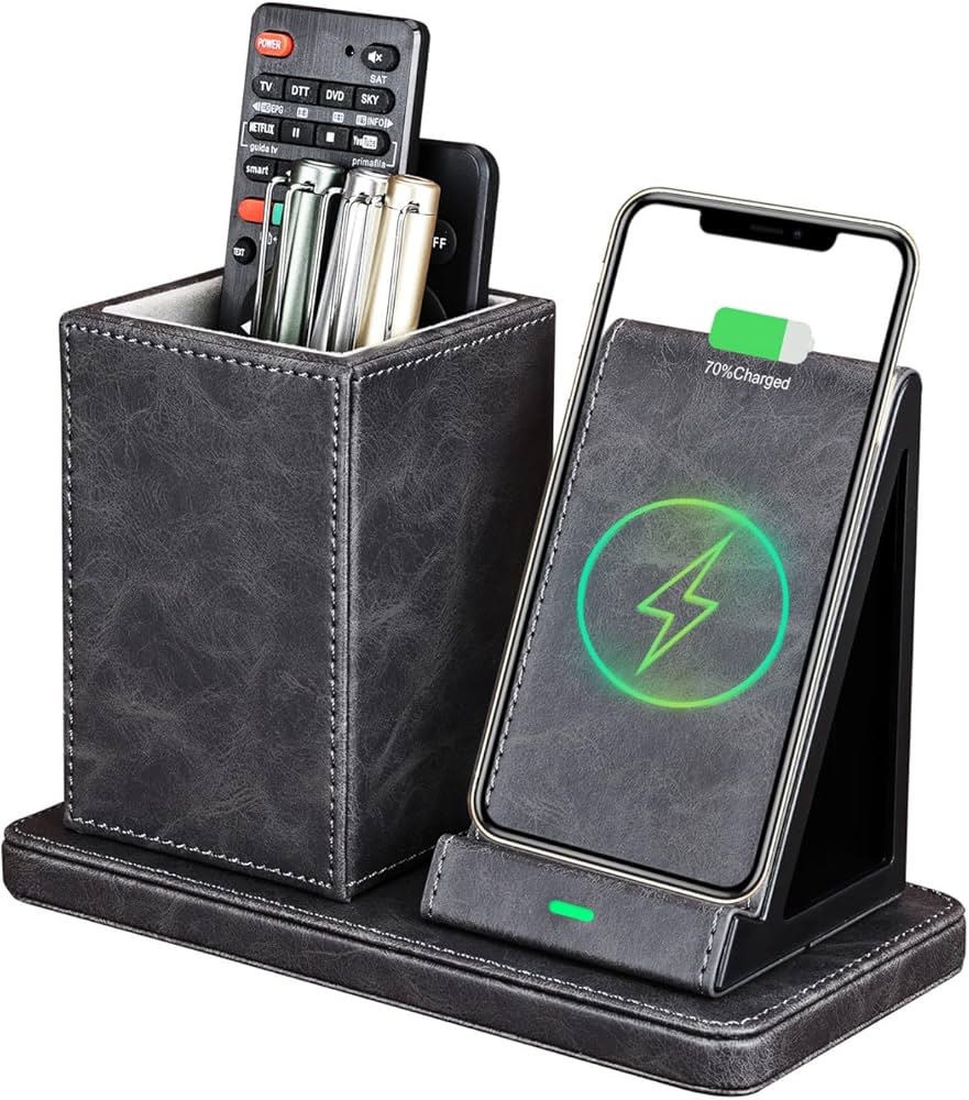 Amazon.co.jp: LADSTAG ペン立て PUレザー 置くだけ充電 卓上収納 分離