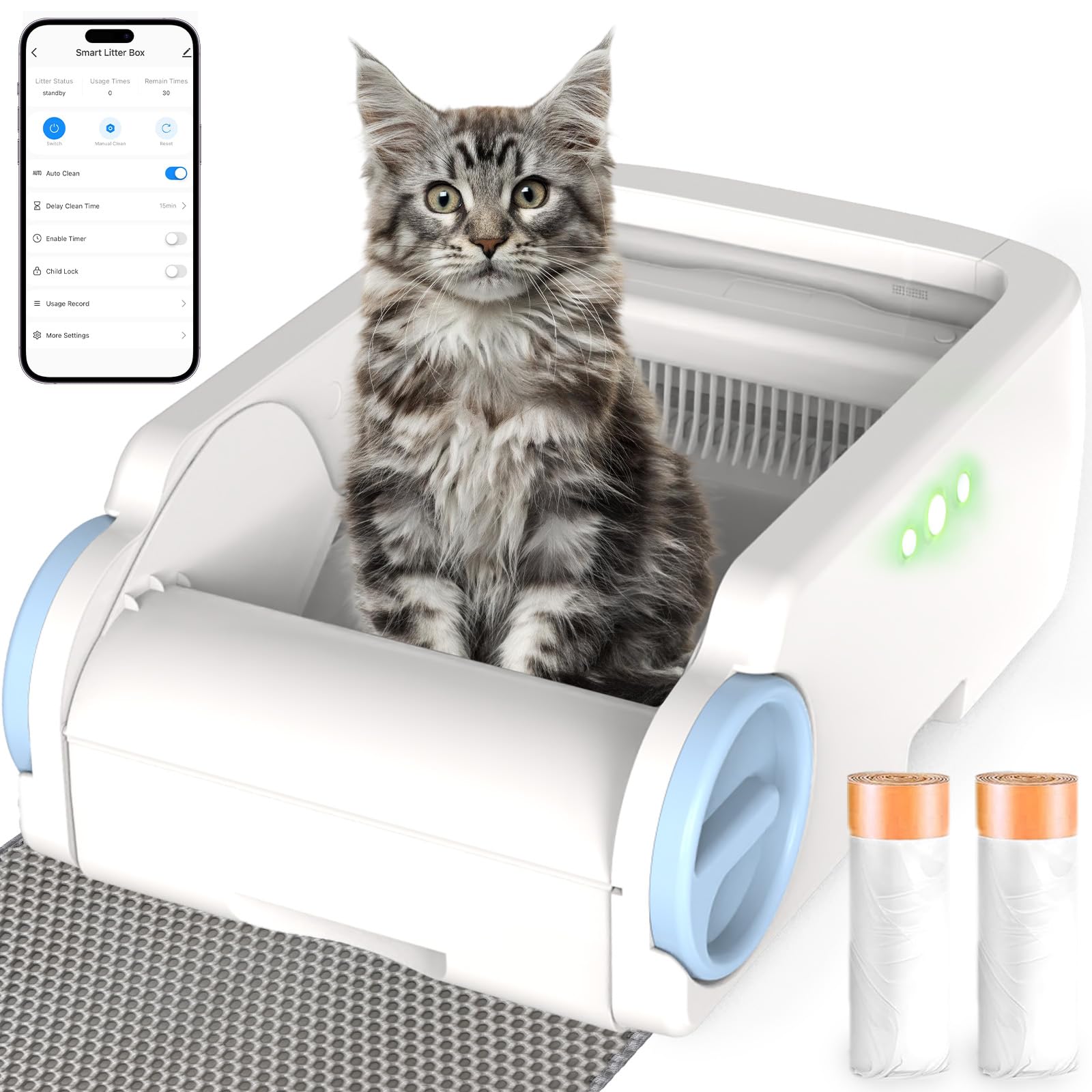 Self Cleaning Cat Litter Box, Open-Top Automatic Litter Box for Multiple Cats with App Control, Safety Sensors Protection, Odor Control Includes 2 Roll Waste Bin Liners and 1 Litter Mat, White