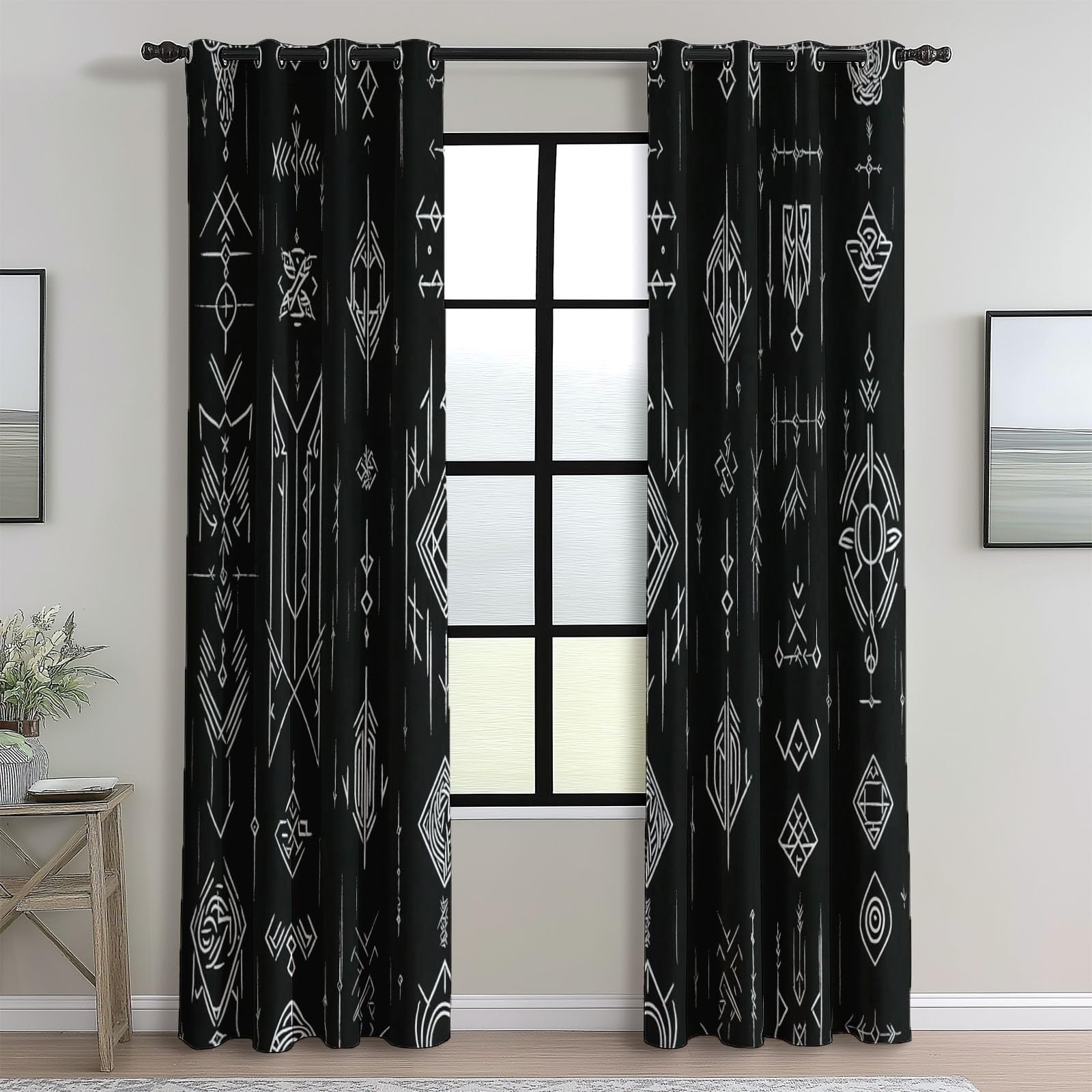 Cortina con Ojales Negro Estampado para Sala de Estar habitación de niñas y niños Tradicional Runas Vikingas Cortinas Estampadas 140An x 145Al cm (2 Paneles) Cortinas Opacas