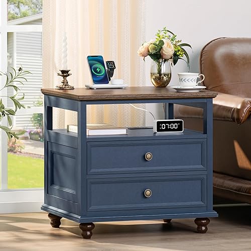 Mesita de noche de estilo granja con estación de carga, mesa auxiliar de 61 cm de ancho con 2 cajones, cómoda azul para dormitorio, cómoda de