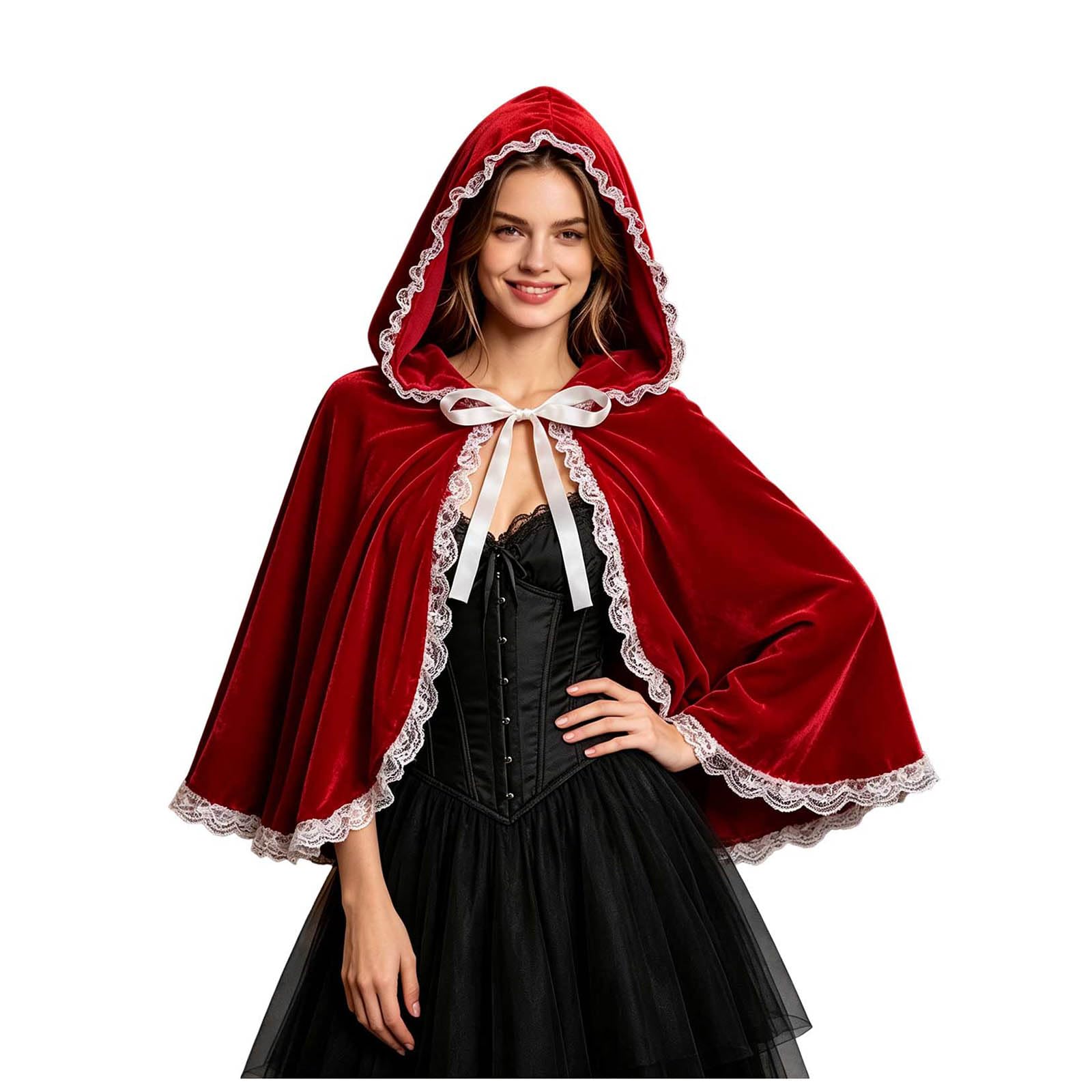 Adult Short Little Red Riding Hood Cape for Women, Adult Little Red Riding Hoods Costume, Velvet Cape Cloak, Short Velvet Capes with Hood, Halloween Cosplay Stage Themed Party — image 1