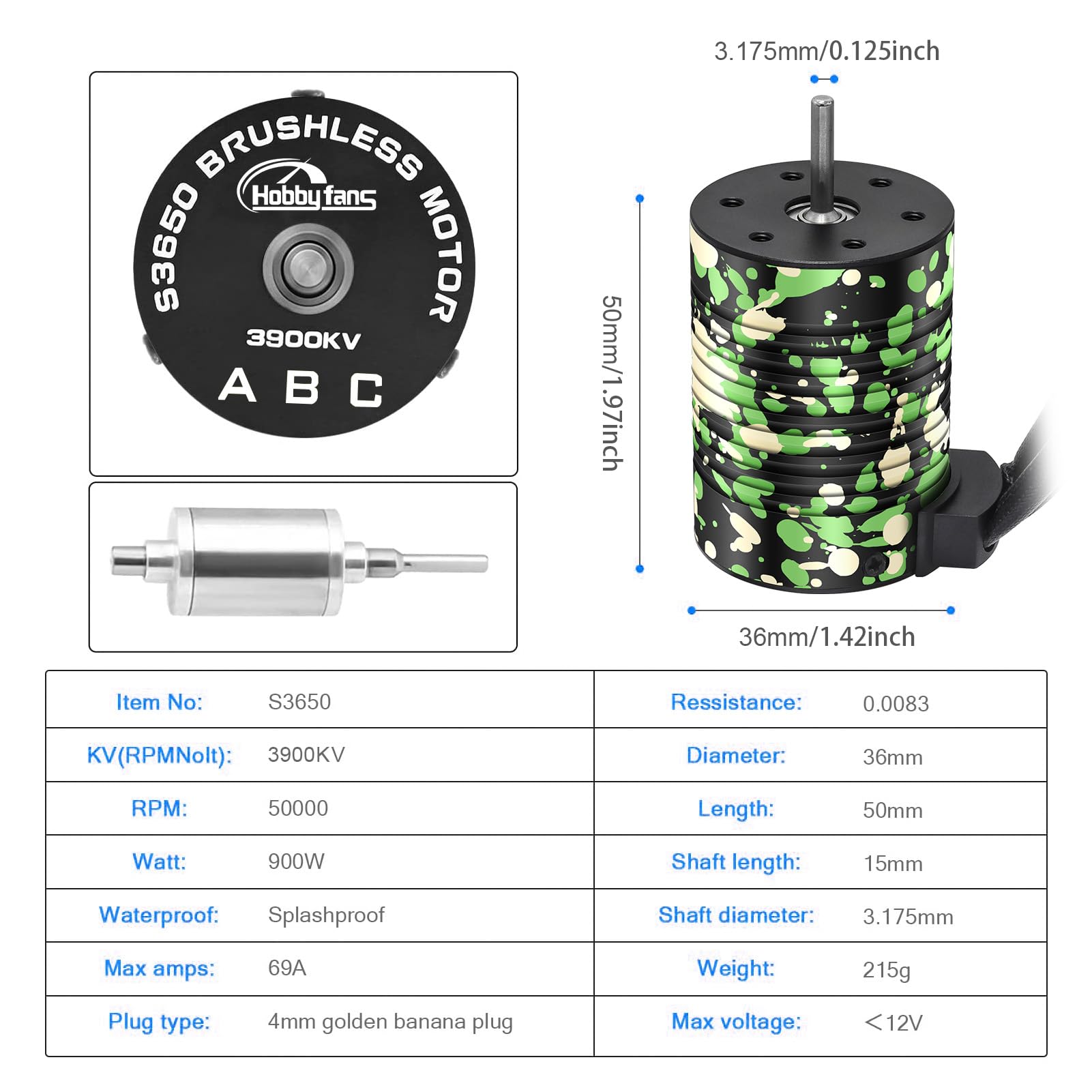 Motor sin escobillas impermeable 3650 3900KV 3.175 mm para coche de carreras RC 1/10 camión todoterreno