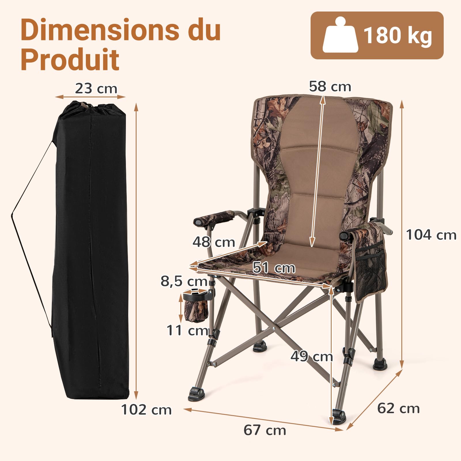 COSTWAY Chaise Pliante Camping, Chaise de Jardin Exterieur, Charge 180 kg, Sac de Transport, Porte-Gobelet, Poche de Rangement, Pieds Réglables, Fauteuil Pliant pour Camping Voyage Pêche, 67 × 62 × 10