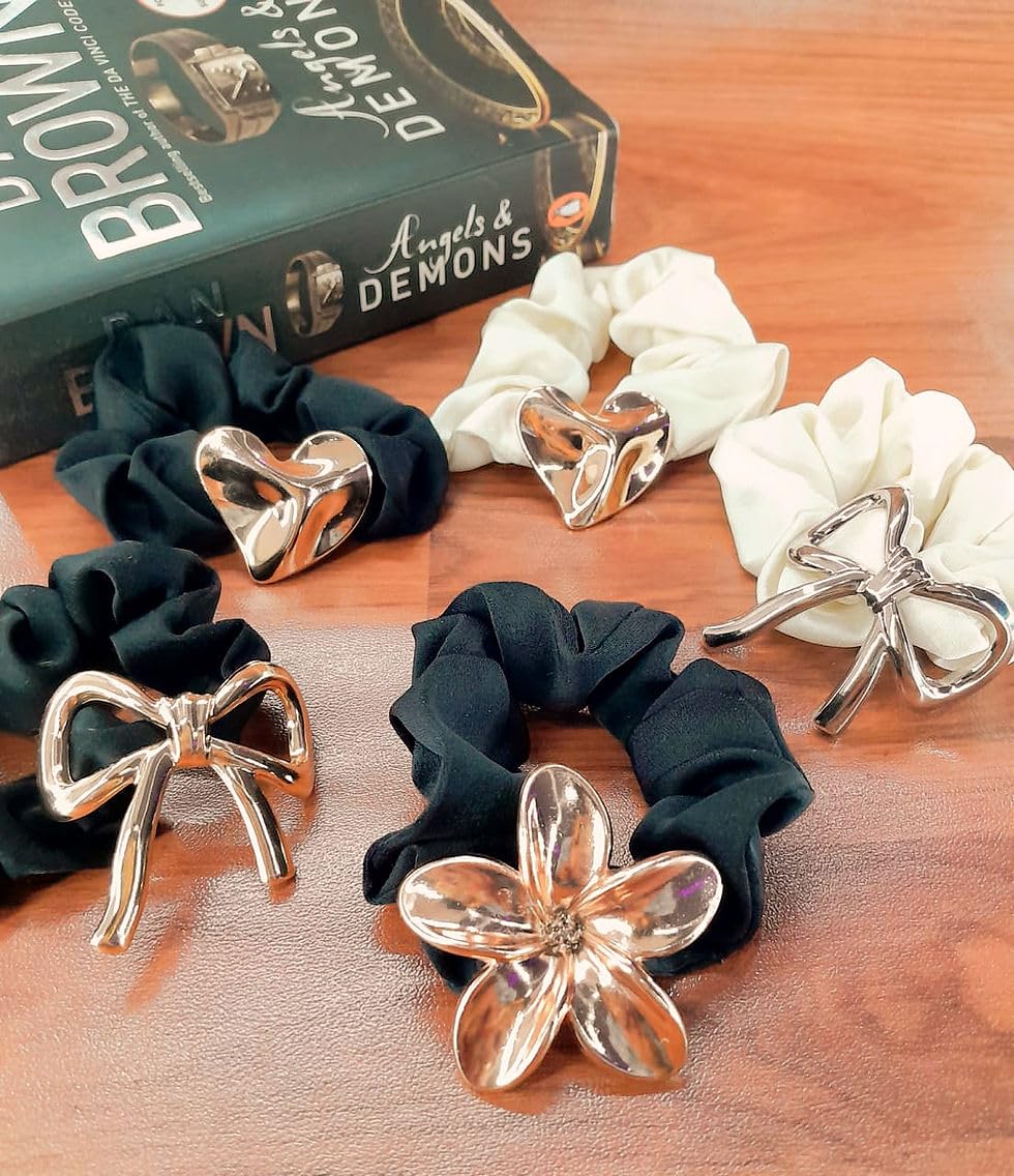 Diversa Metal Scrunchies for women Ponytail Hair Cuffs for Girls & Women, Glossy Elastic Ponytail Holders, Geometric Design, Hair Accessories Fashion Rubber Bands, Random 3 Pcs, Gold, Pack of 3