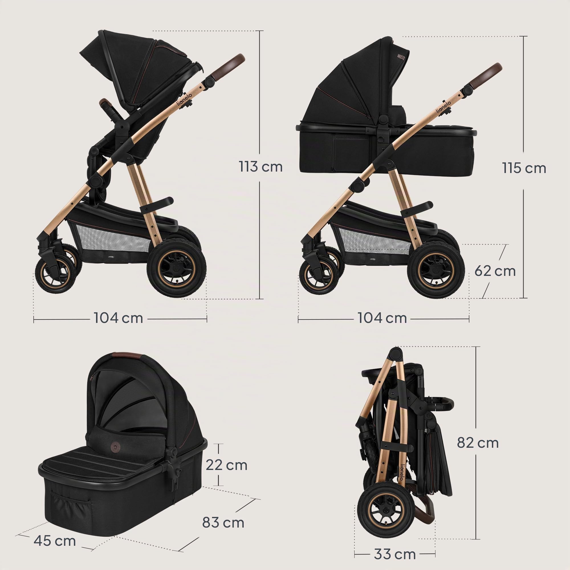 LIONELO Amber 2 in 1 poussette multifonctionnellle, landau, ensemble poussette avec siège sport et nacelle fixe, sac, moustiquaire, couvrir, feuille de pluie