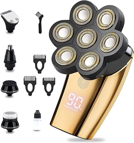 Afeitadoras de cabeza para hombres calvos, afeitadora eléctrica inalámbrica 7 en 1, afeitadora recargable para cabeza calva para hombres, kit de